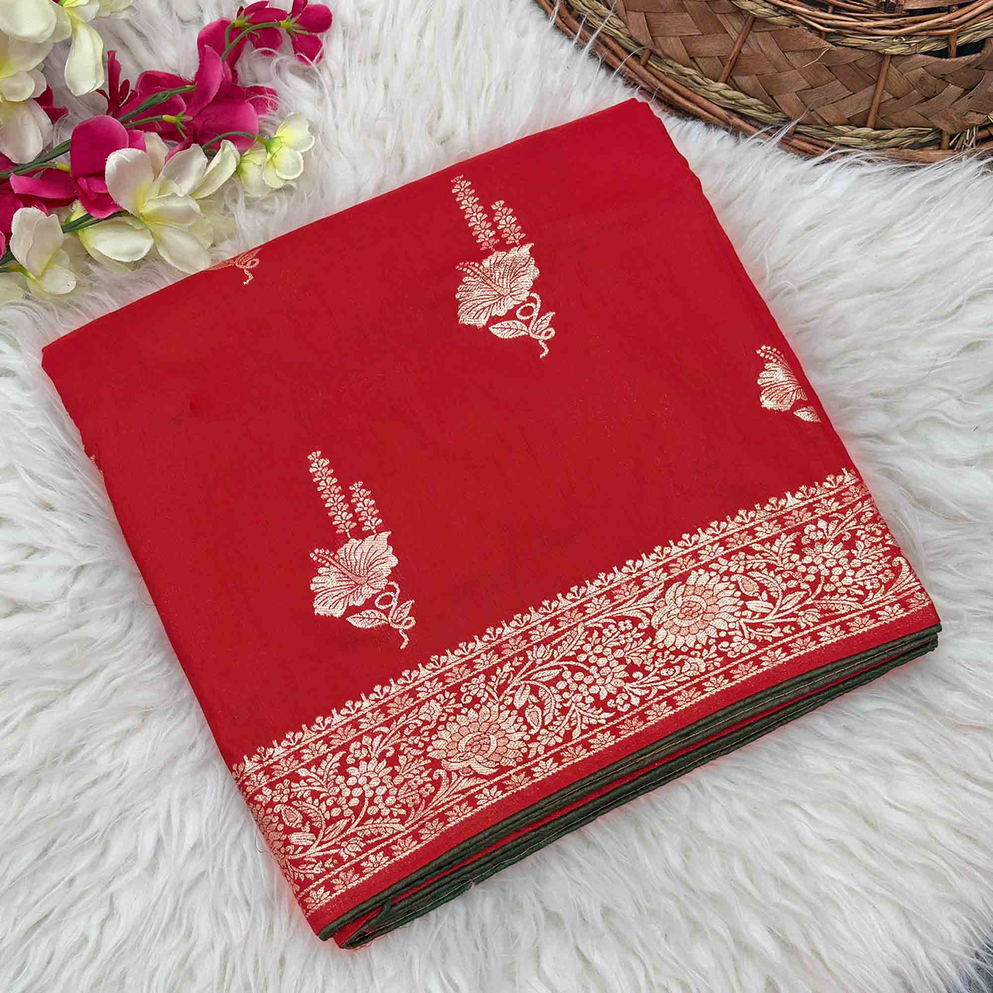 Red Traditional Muslin Soft Saree Featuring Luxurious Meenakari Zari Patterns