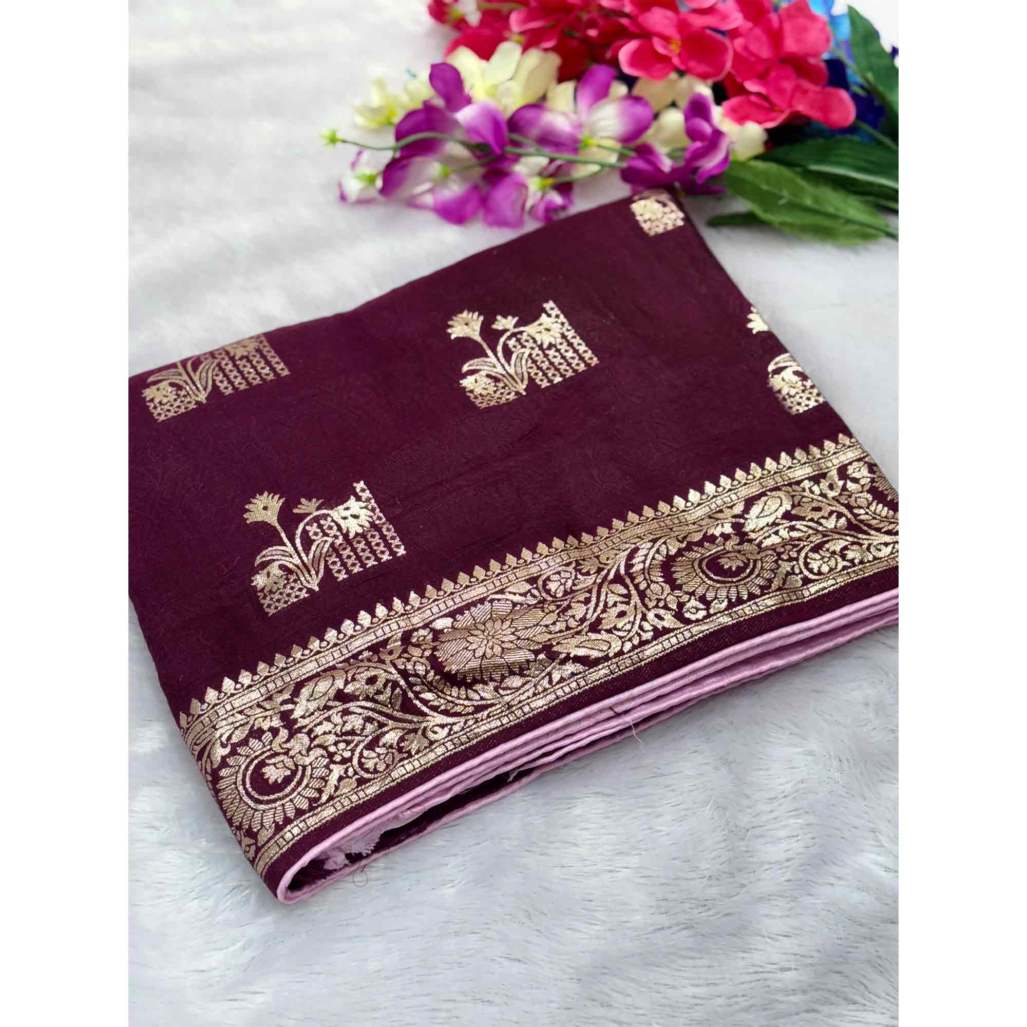 Purple Elegant Soft Muslin Saree with Fine Meenakari Zari Woven Motifs