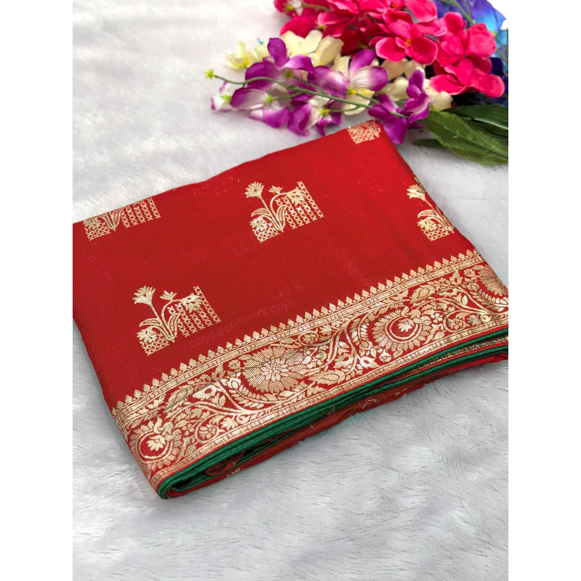 Red Elegant Soft Muslin Saree with Fine Meenakari Zari Woven Motifs