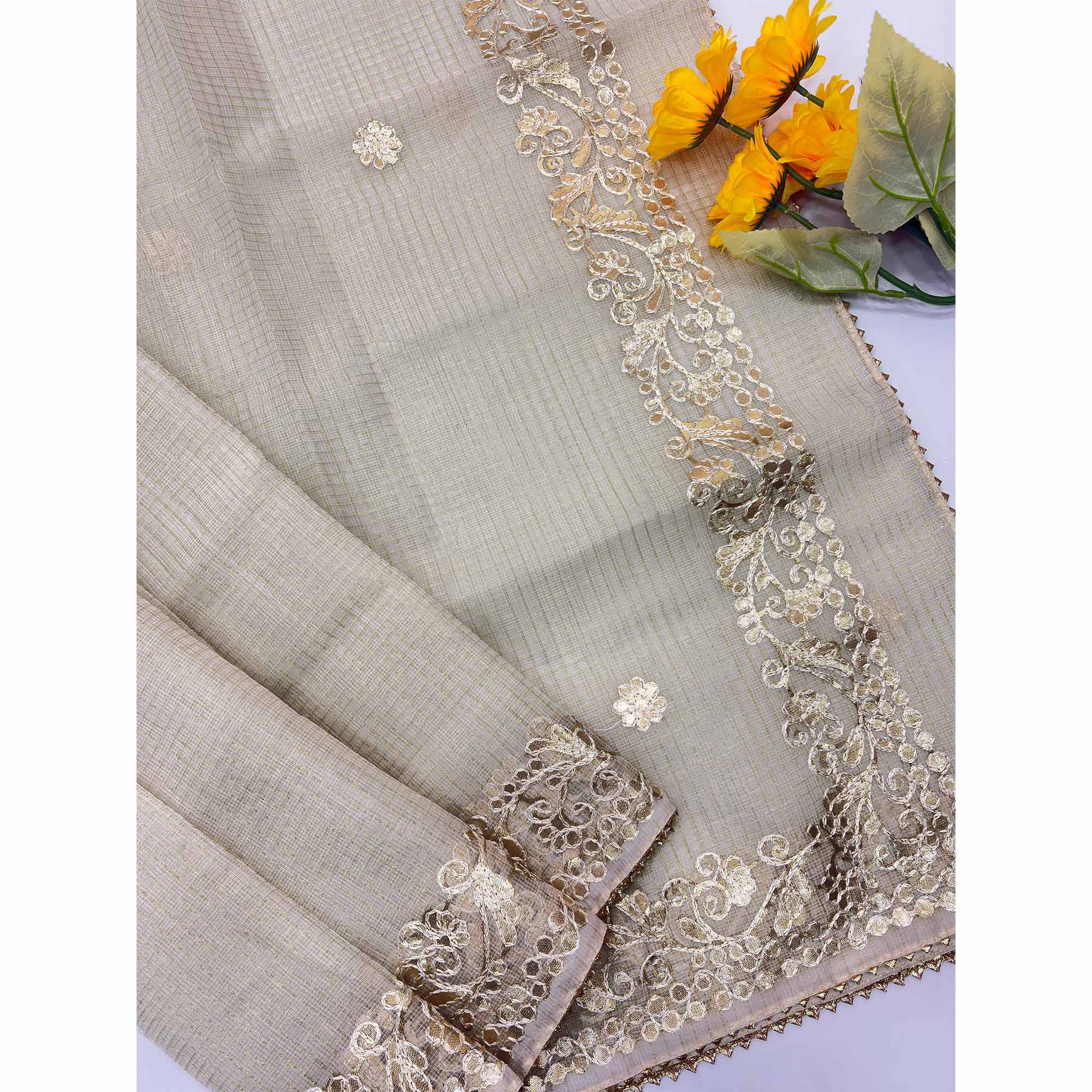 Cream Pure Kota Doria Saree Adorned with Exquisite Gota Work Embroidery