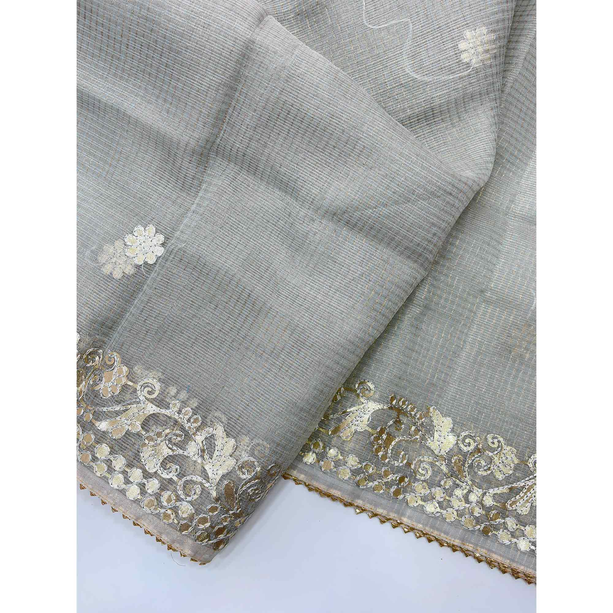 Grey Pure Kota Doria Saree Adorned with Exquisite Gota Work Embroidery