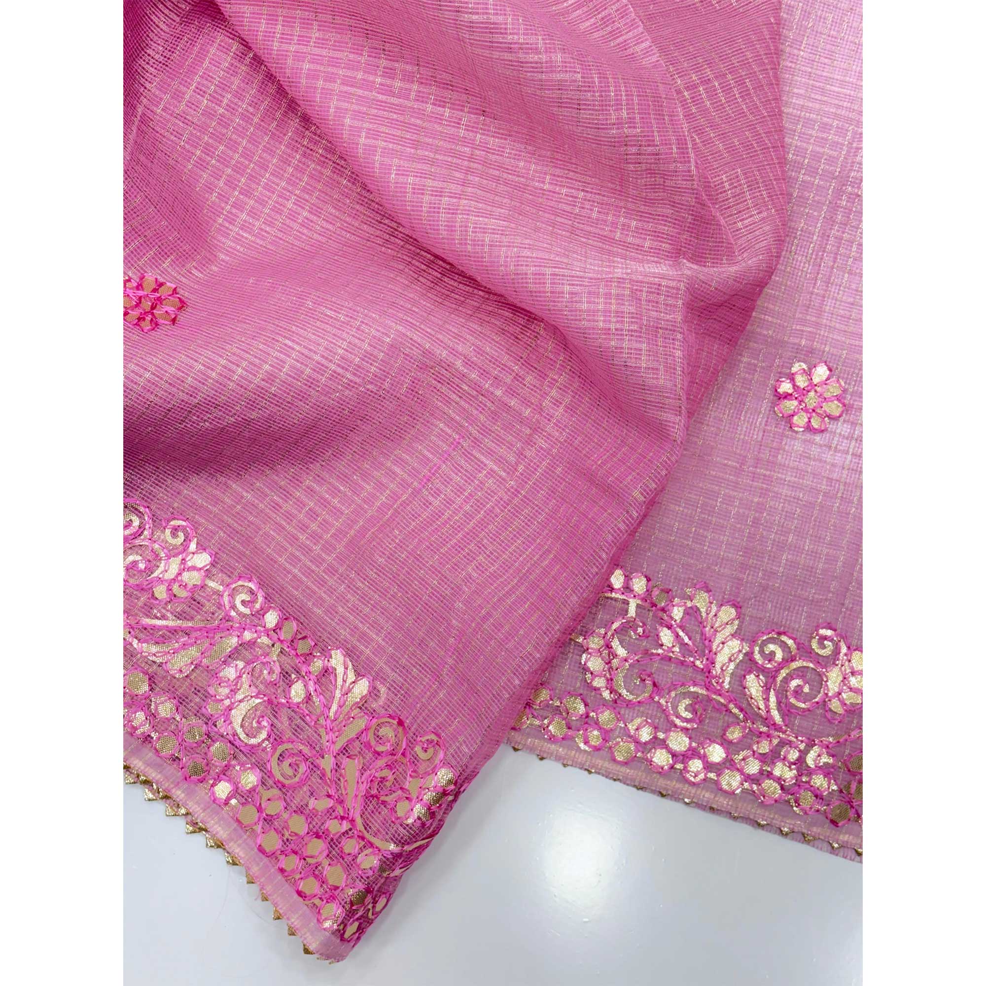 Pink Pure Kota Doria Saree Adorned with Exquisite Gota Work Embroidery