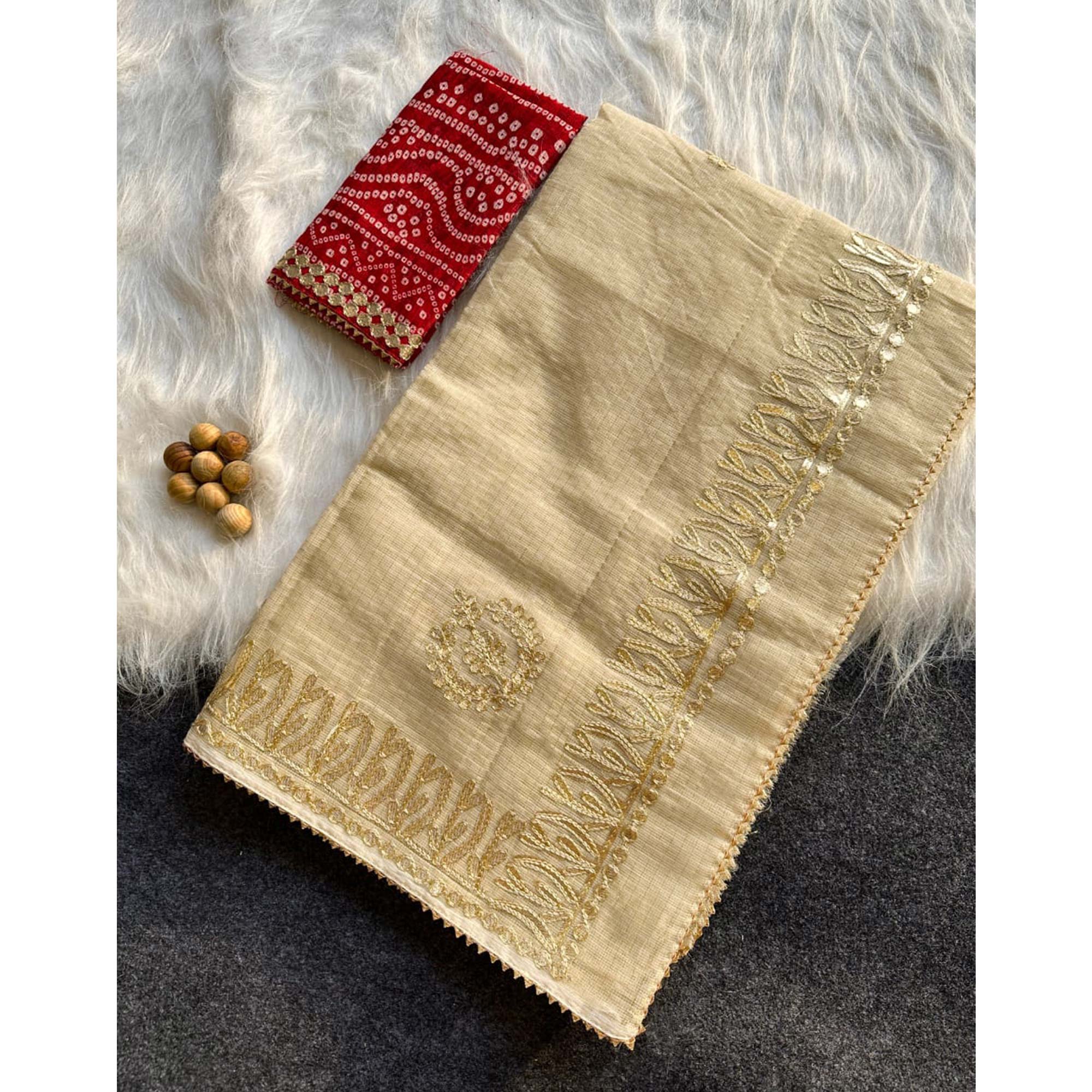 Beige Festive Kota Doria Saree Decorated with Classic Gota Work Embroidery
