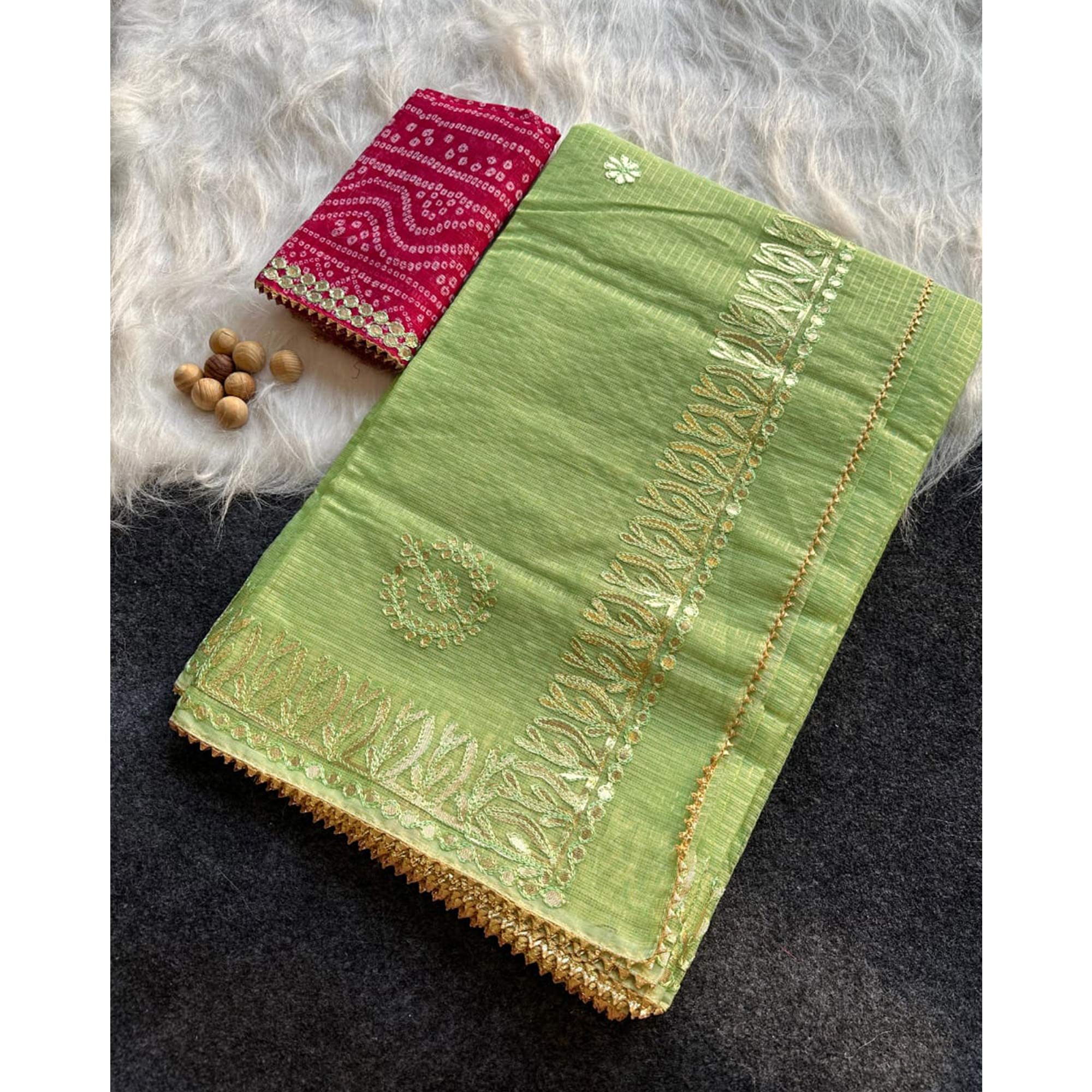 Green Festive Kota Doria Saree Decorated with Classic Gota Work Embroidery