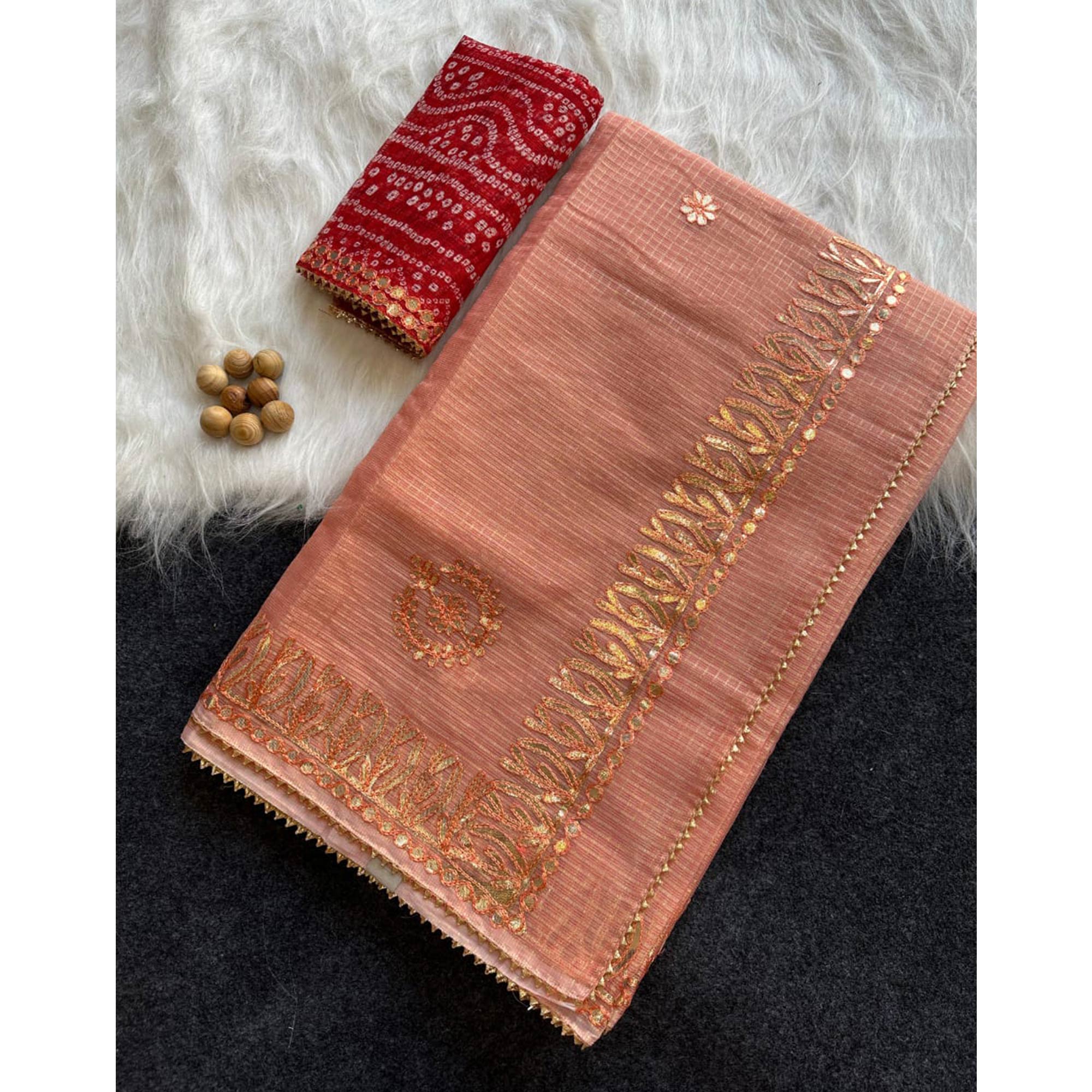 Peach Festive Kota Doria Saree Decorated with Classic Gota Work Embroidery