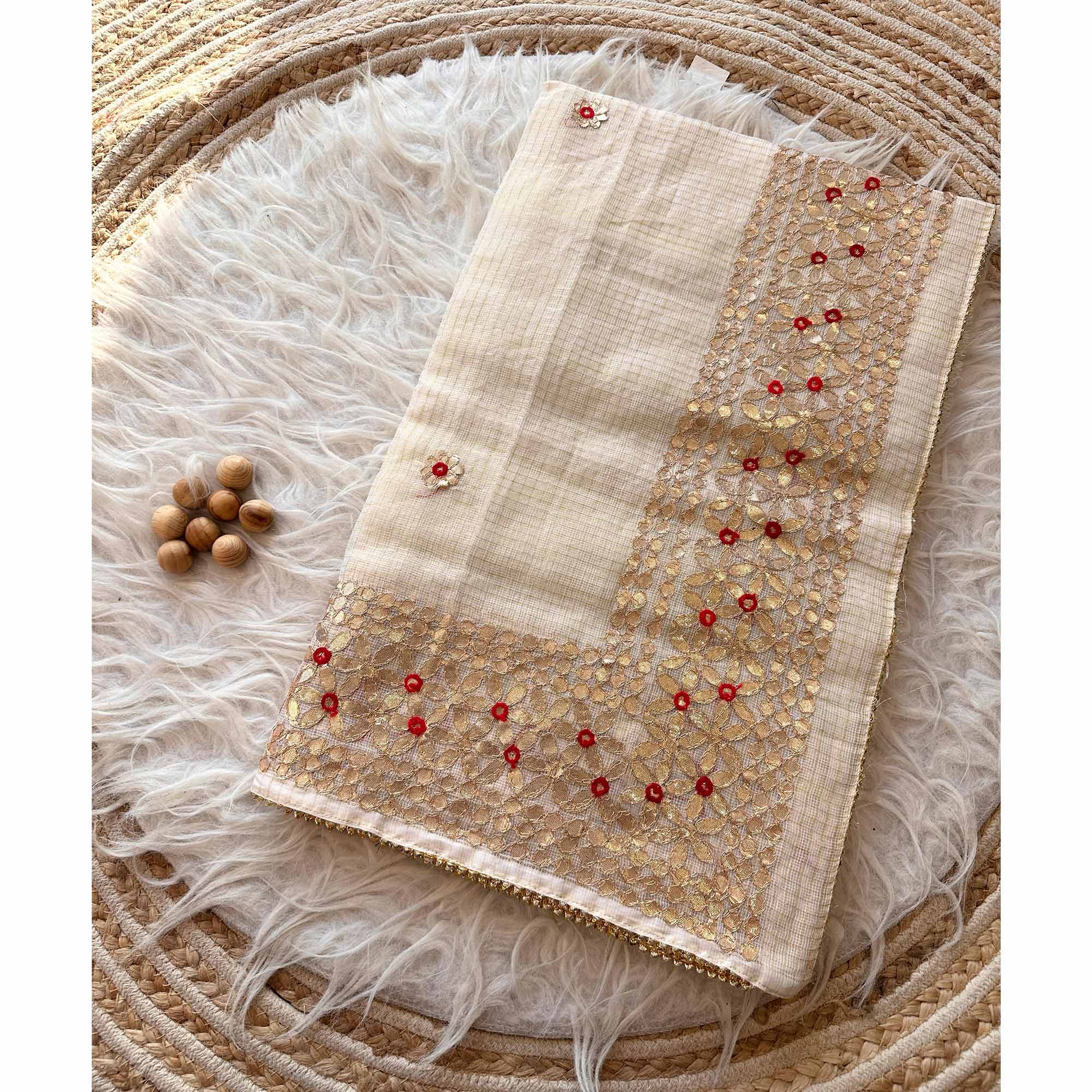 Cream Ethnic Kota Doria Saree Designed with Beautiful Traditional Gota Embroidery