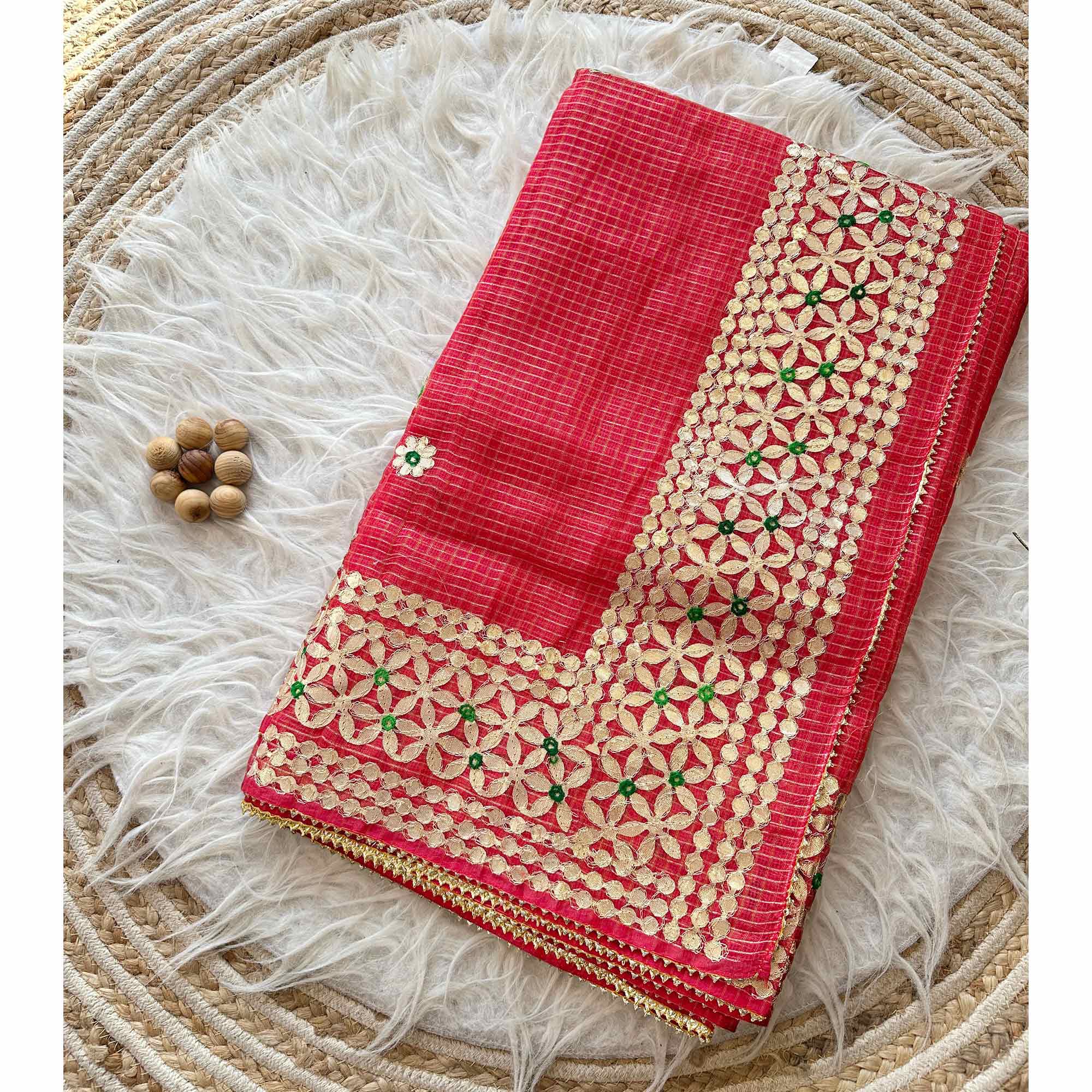 Red Ethnic Kota Doria Saree Designed with Beautiful Traditional Gota Embroidery