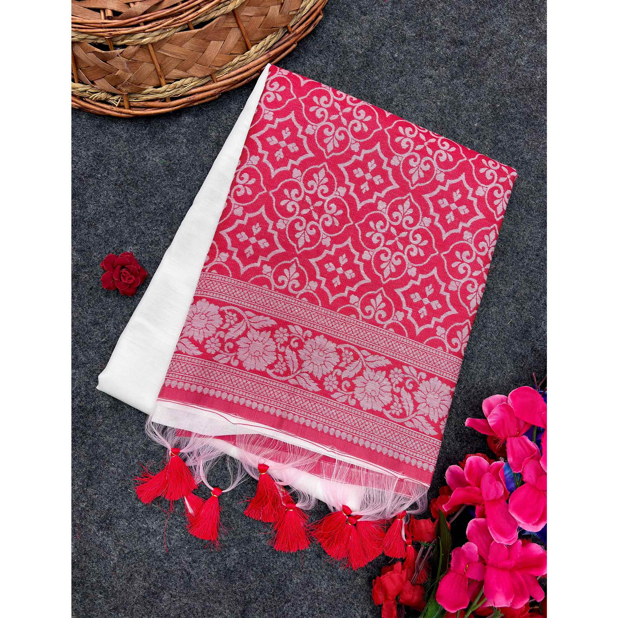 White and Red Traditional Weaving Muga Cotton Silk Saree Designed with Classic Craftsmanship