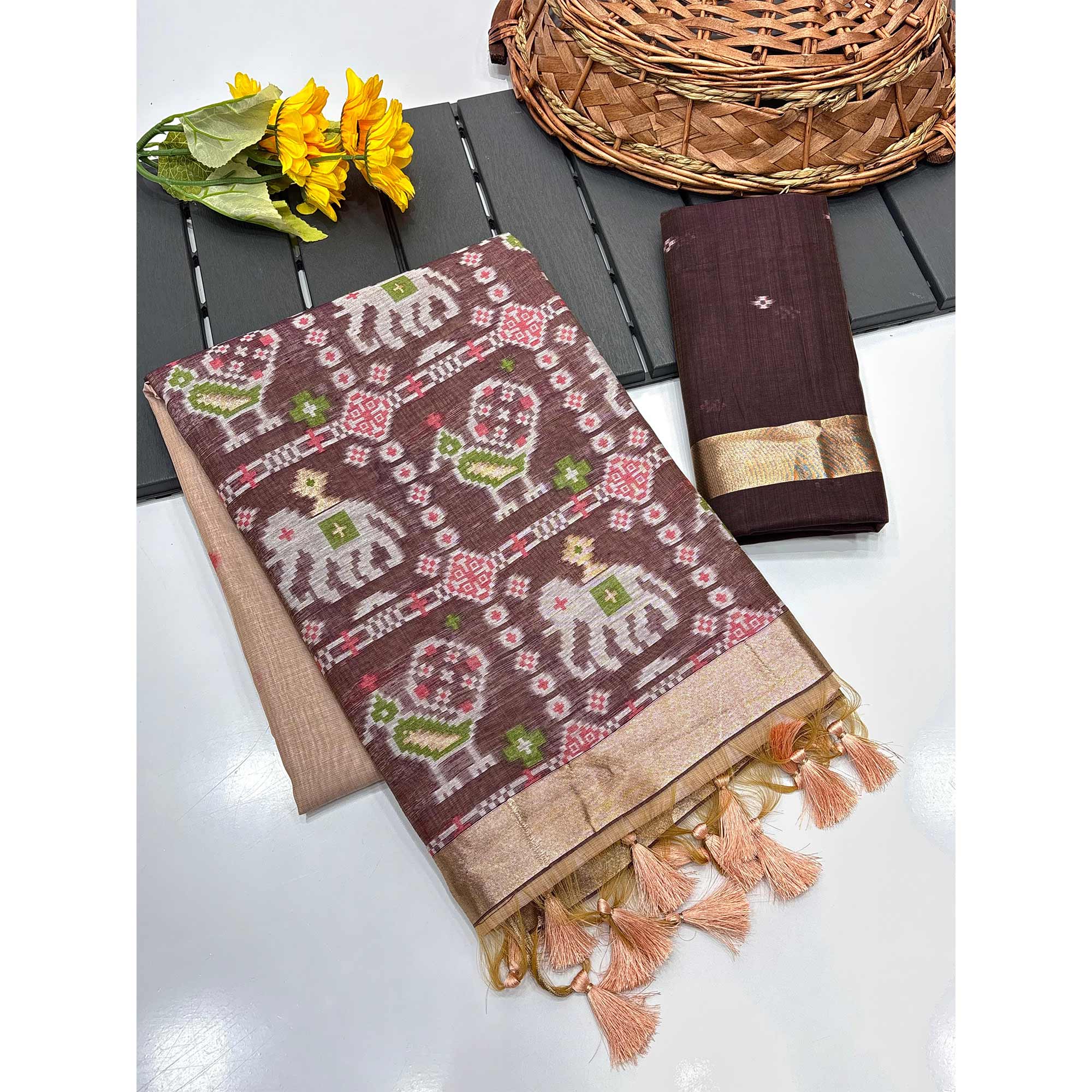 Peach Muga Cotton Silk Saree with Traditional Patola Woven Pallu Design