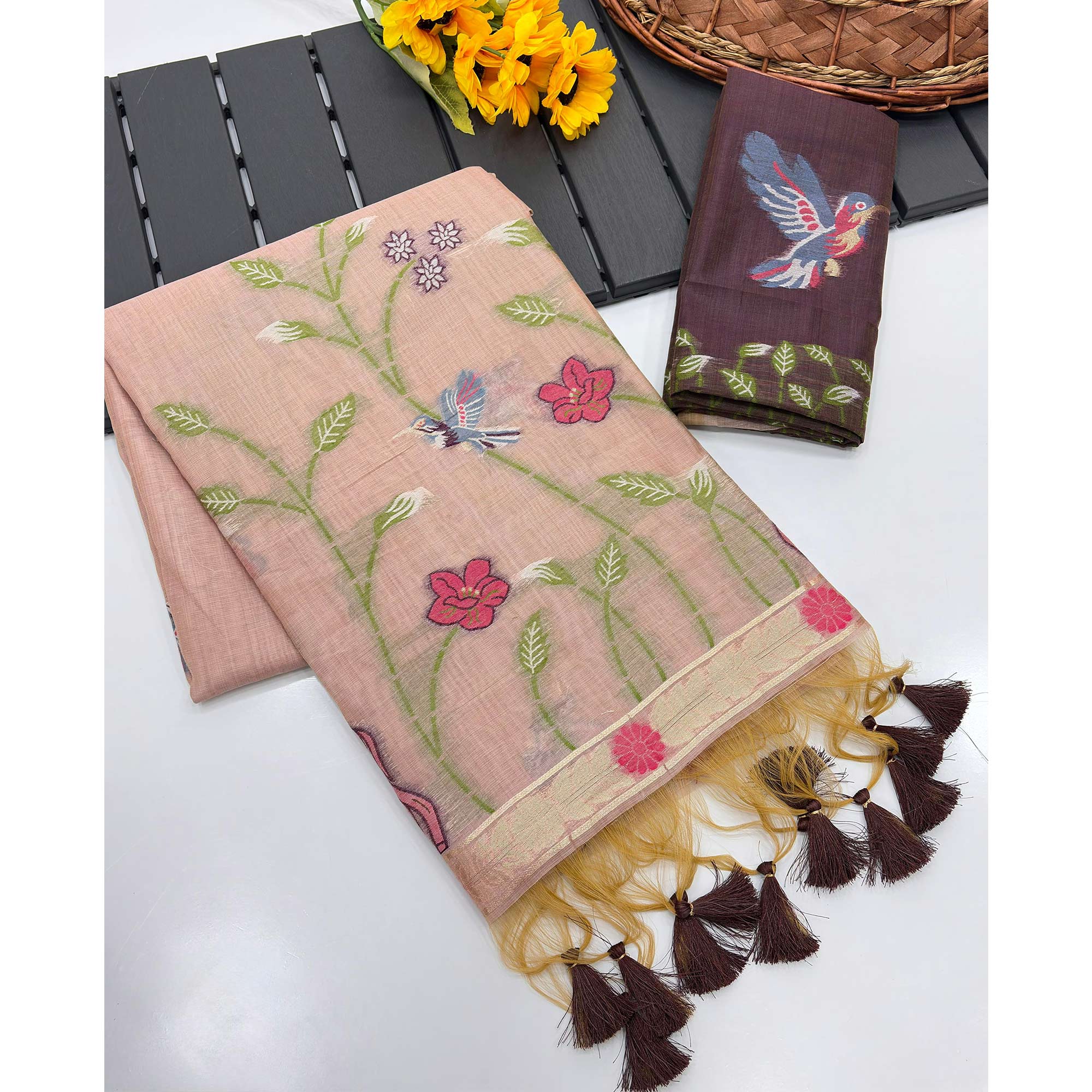 Peach Floral Handloom Muga Cotton Silk Saree with Artisanal Weave