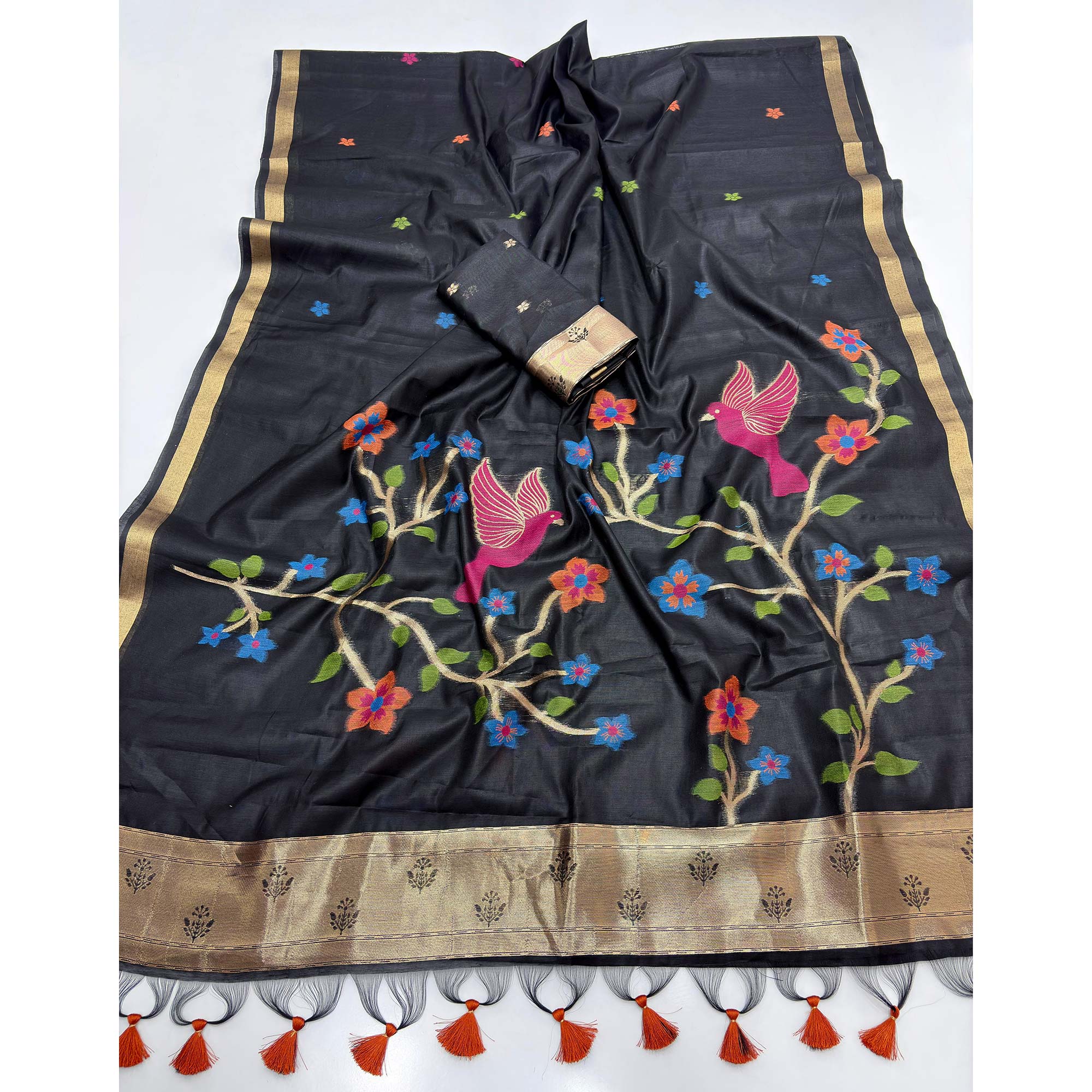 Black Floral Handloom Muga Cotton Silk Saree with Traditional Charm