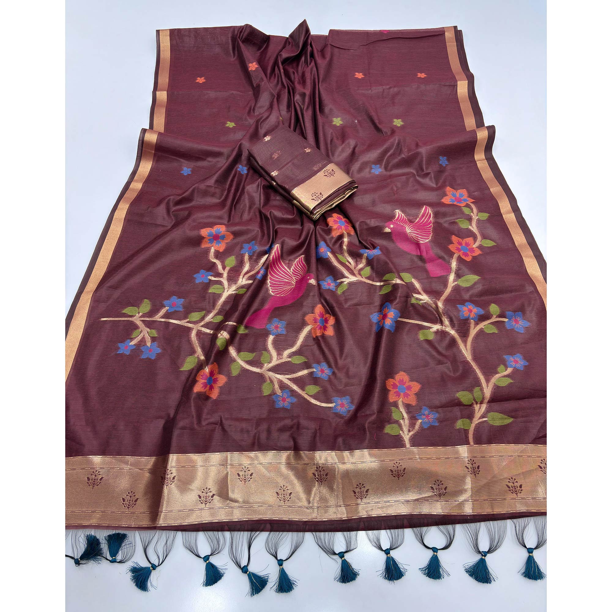 Burgundy Floral Handloom Muga Cotton Silk Saree with Traditional Charm