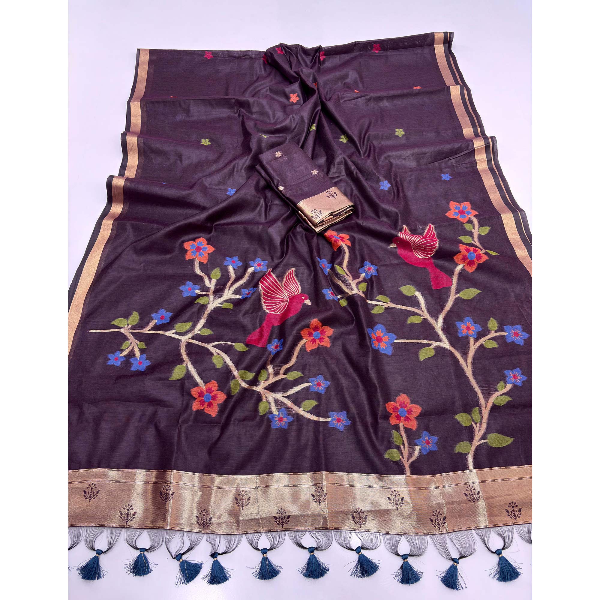 Wine Floral Handloom Muga Cotton Silk Saree with Traditional Charm