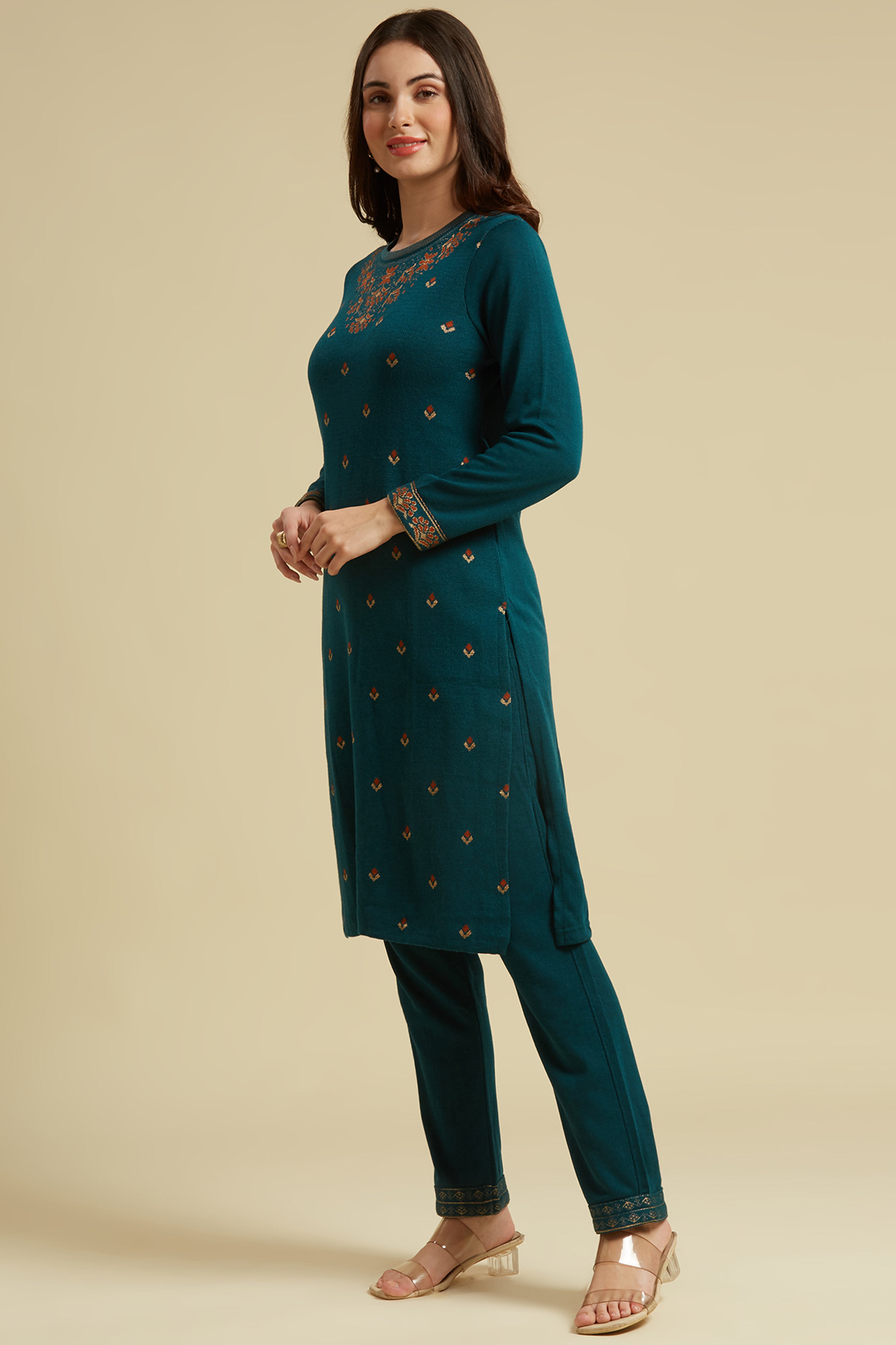 Dark Teal Woolen Straight Kurti