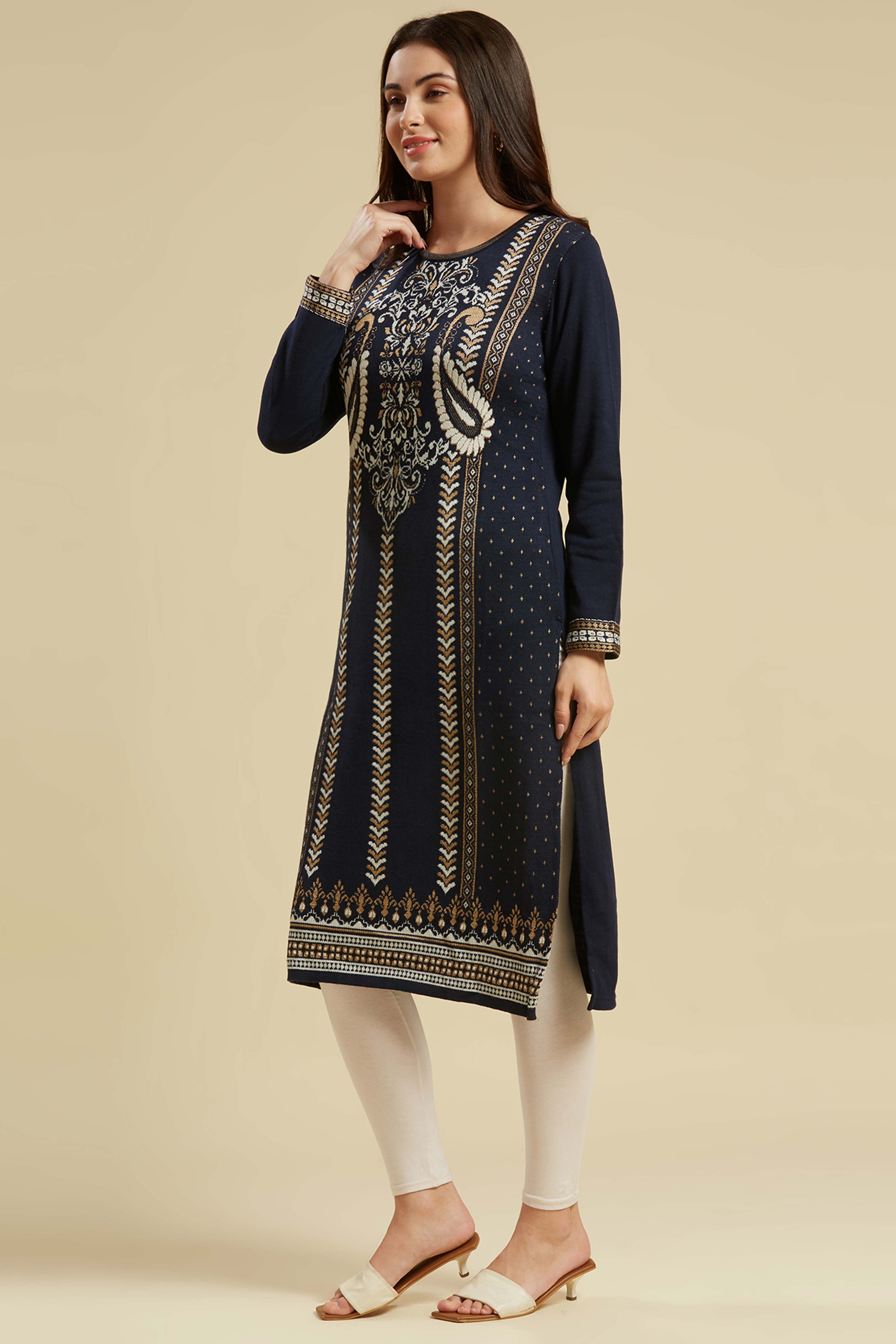 Navy Blue Woolen Straight Kurti