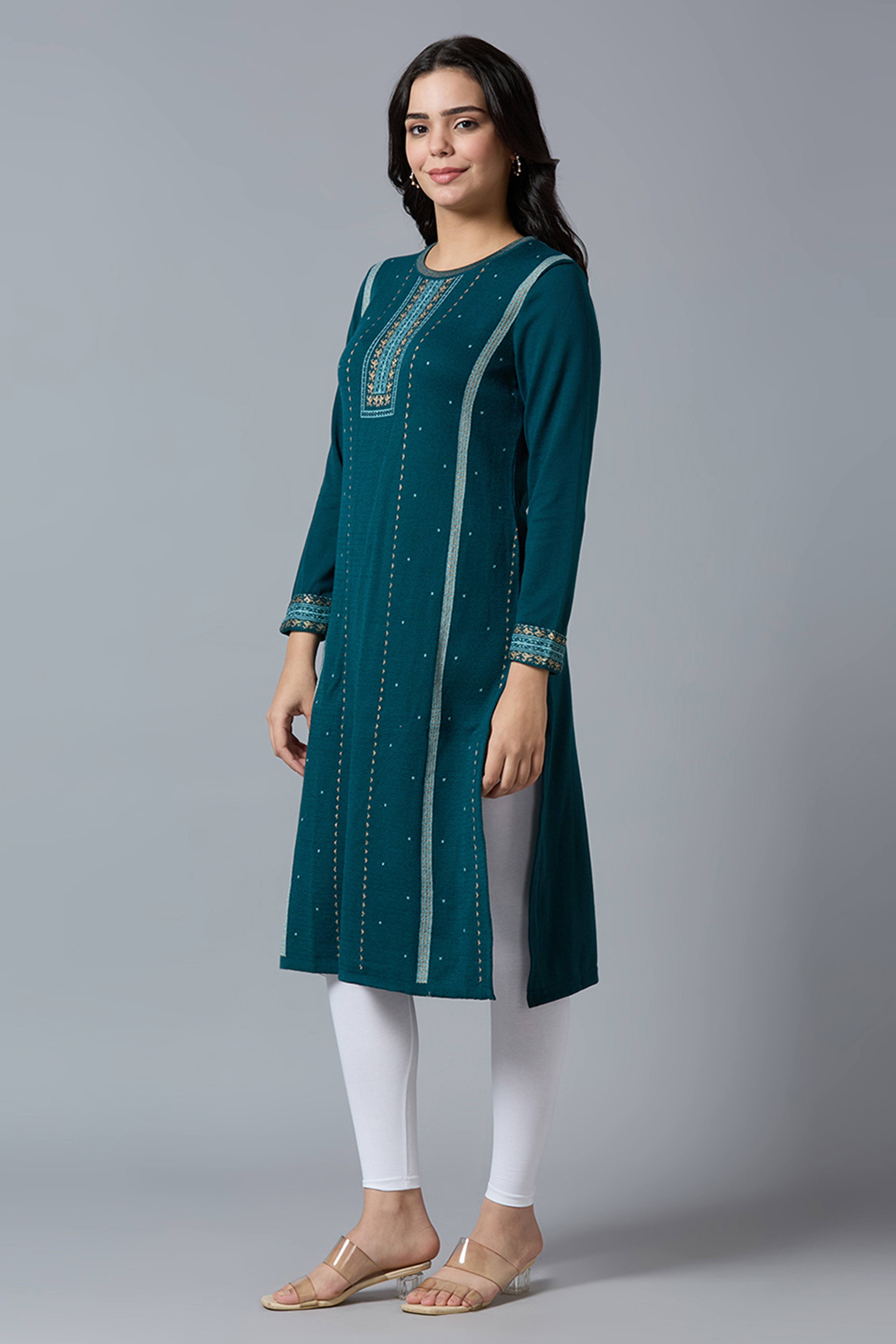 Dark Teal Woolen Straight Kurti