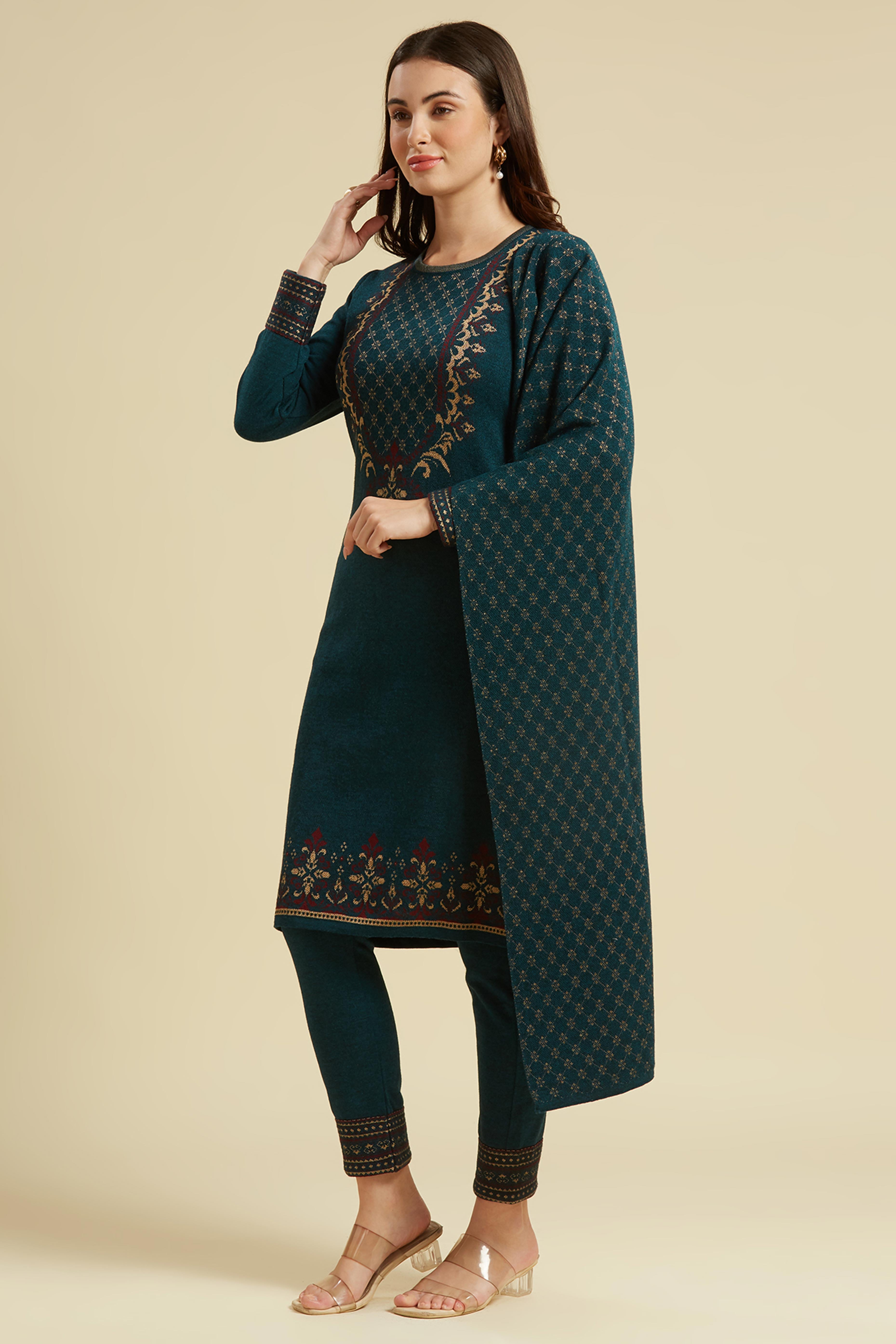 Dark Teal Floral Woolen Salwar Suit