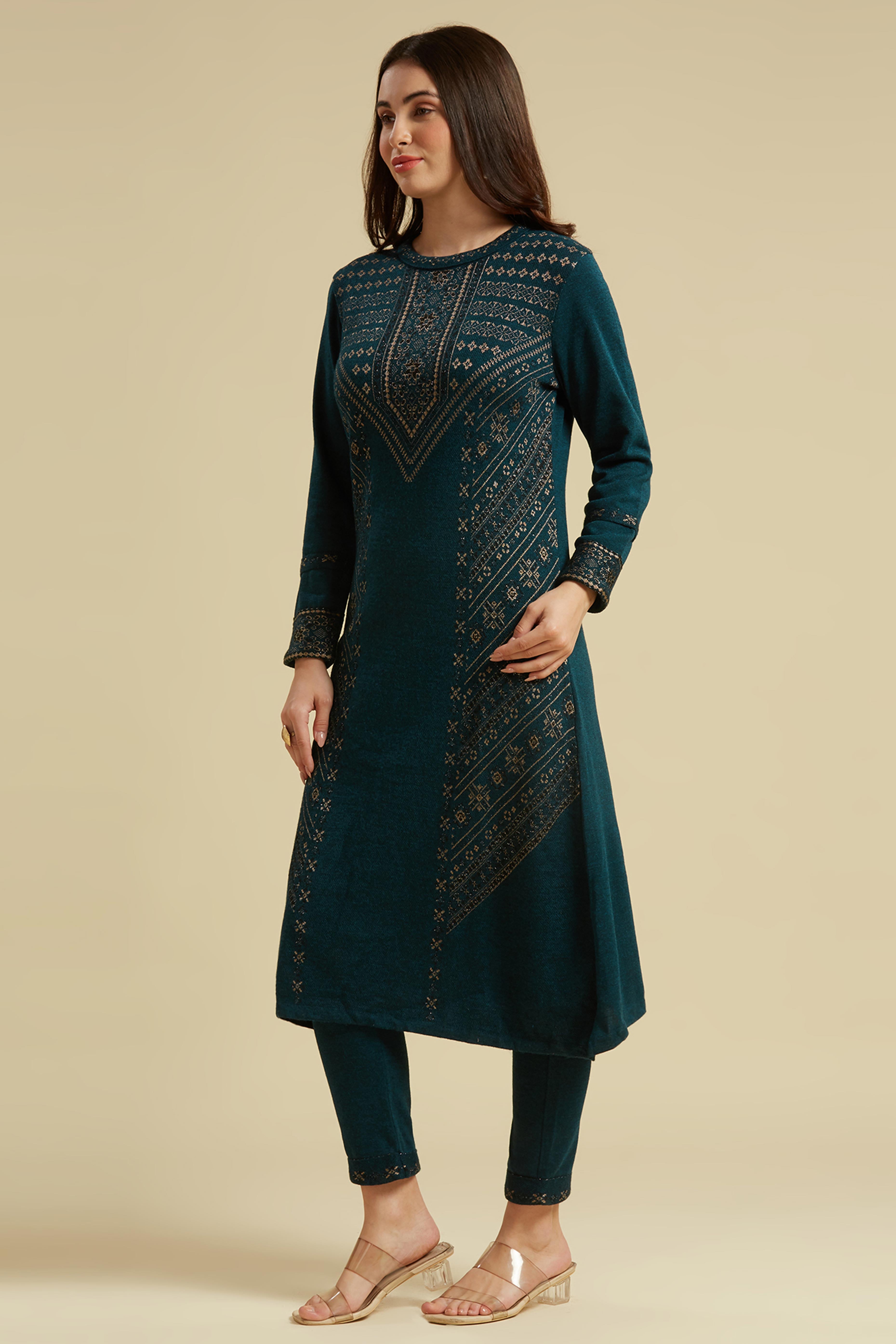 Dark Teal Floral Woolen Top Bottom Set