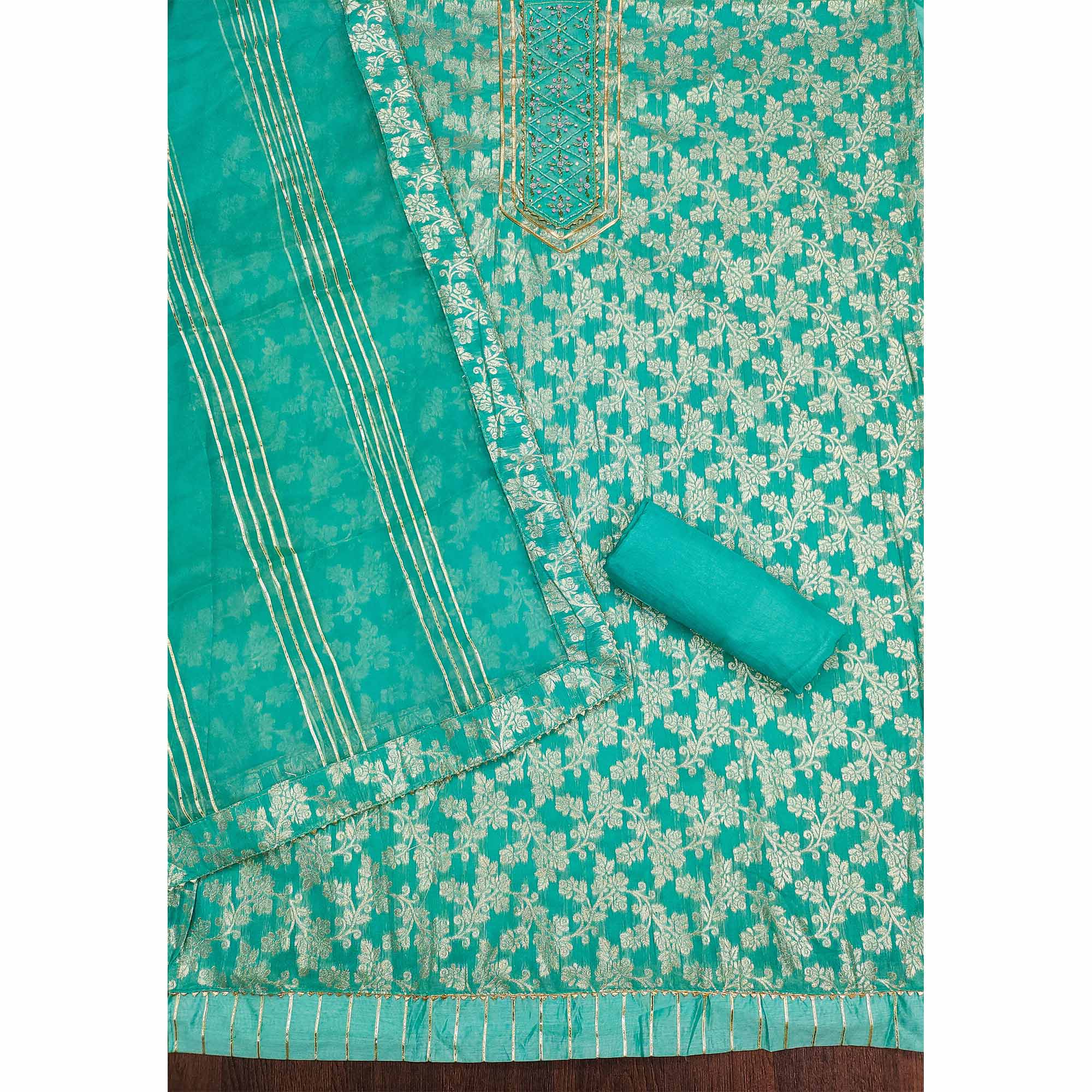 Turquoise Woven With Handwork Jacquard Dress Material