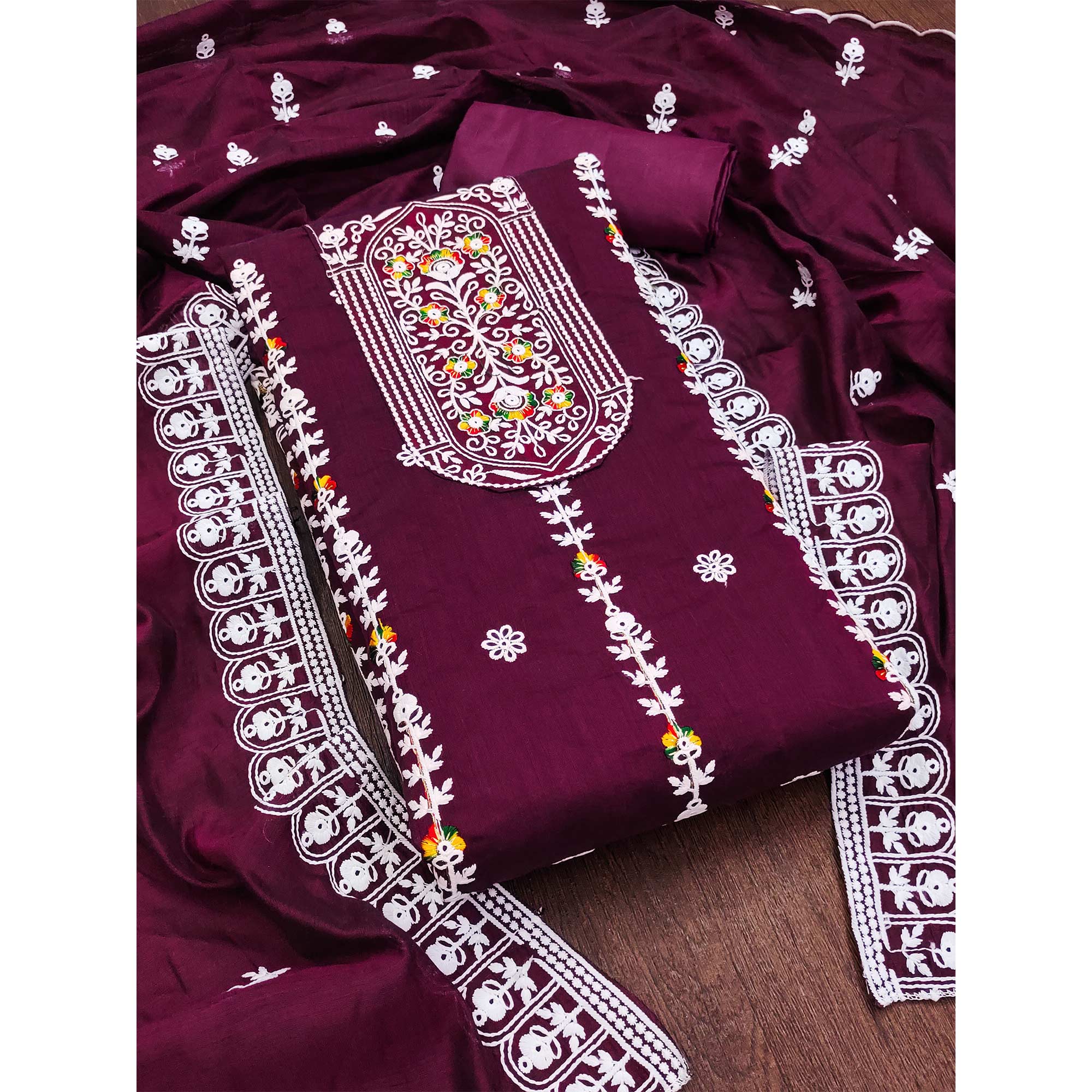 Purple Floral Embroidered Chanderi Cotton Dress Material
