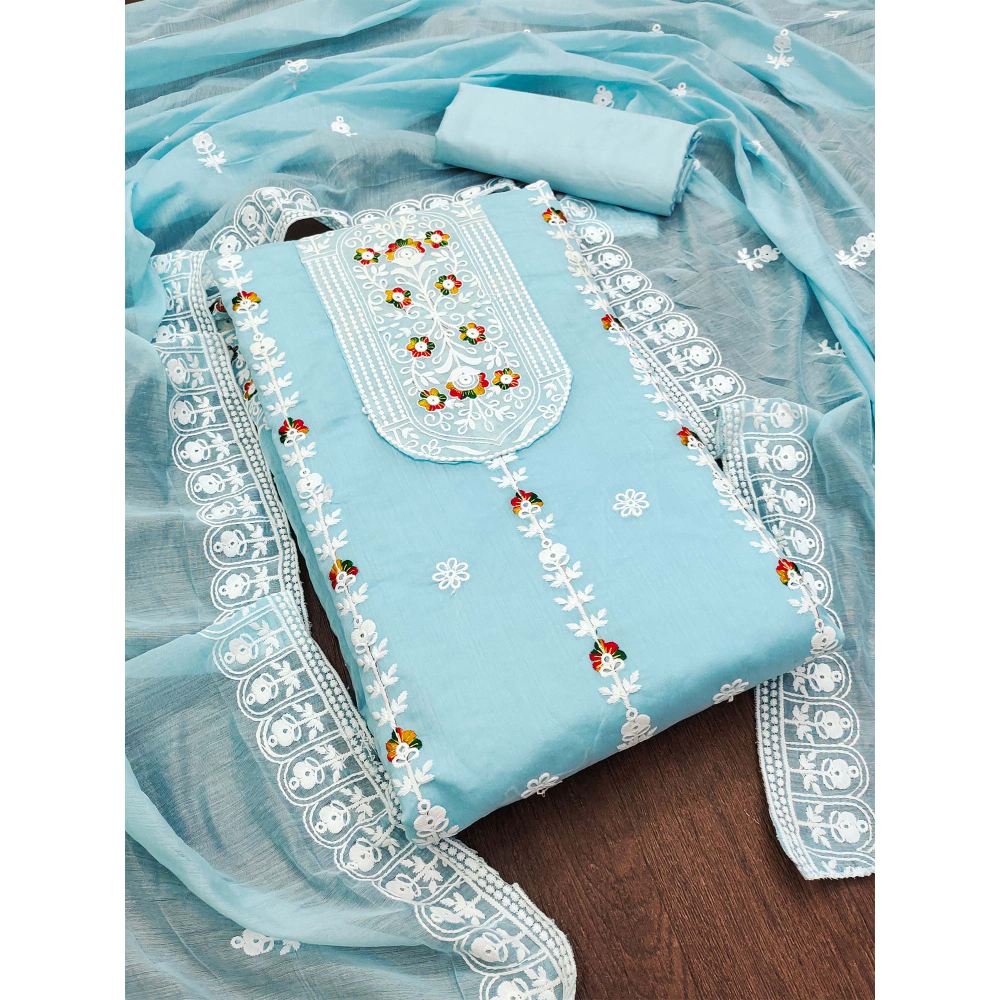 Sky Blue Floral Embroidered Chanderi Cotton Dress Material