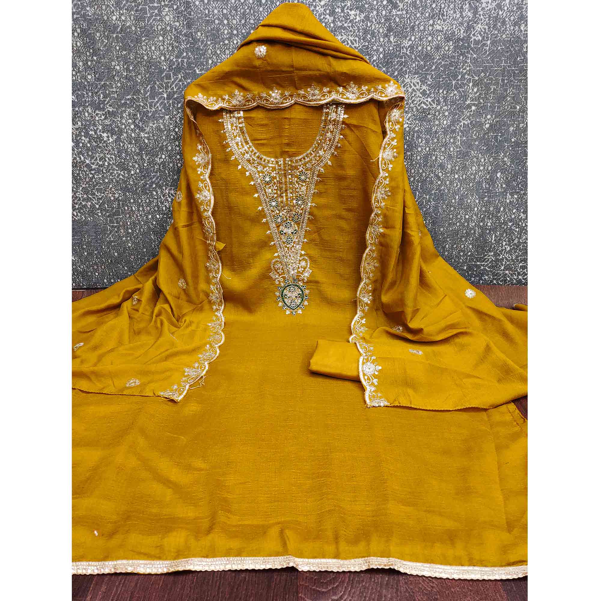 Elegant Mustard Floral Embroidered Dress Material In Vichitra Silk With Sequins Detailing