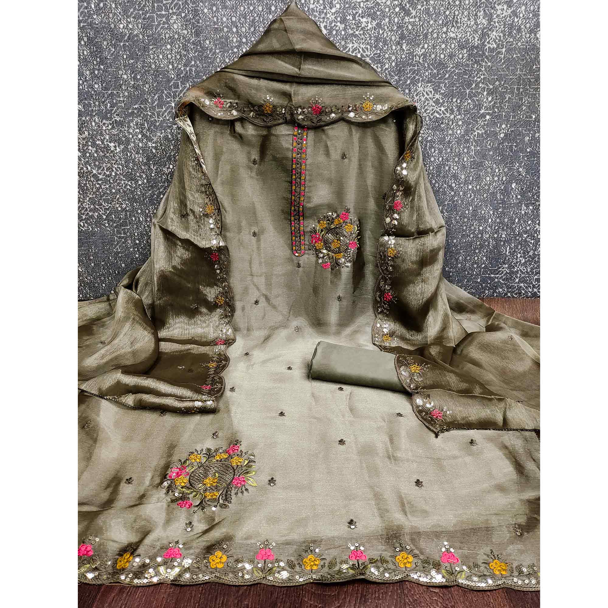 Graceful Green Silk Blend Dress Material Featuring Exquisite Floral Embroidery & Sequins Accents