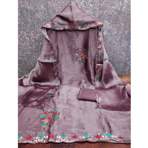 Graceful Lavender Silk Blend Dress Material Featuring Exquisite Floral Embroidery & Sequins Accents