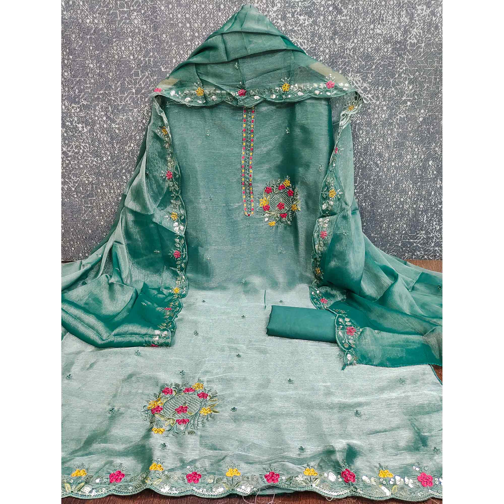 Graceful Rama Green Silk Blend Dress Material Featuring Exquisite Floral Embroidery & Sequin Accent