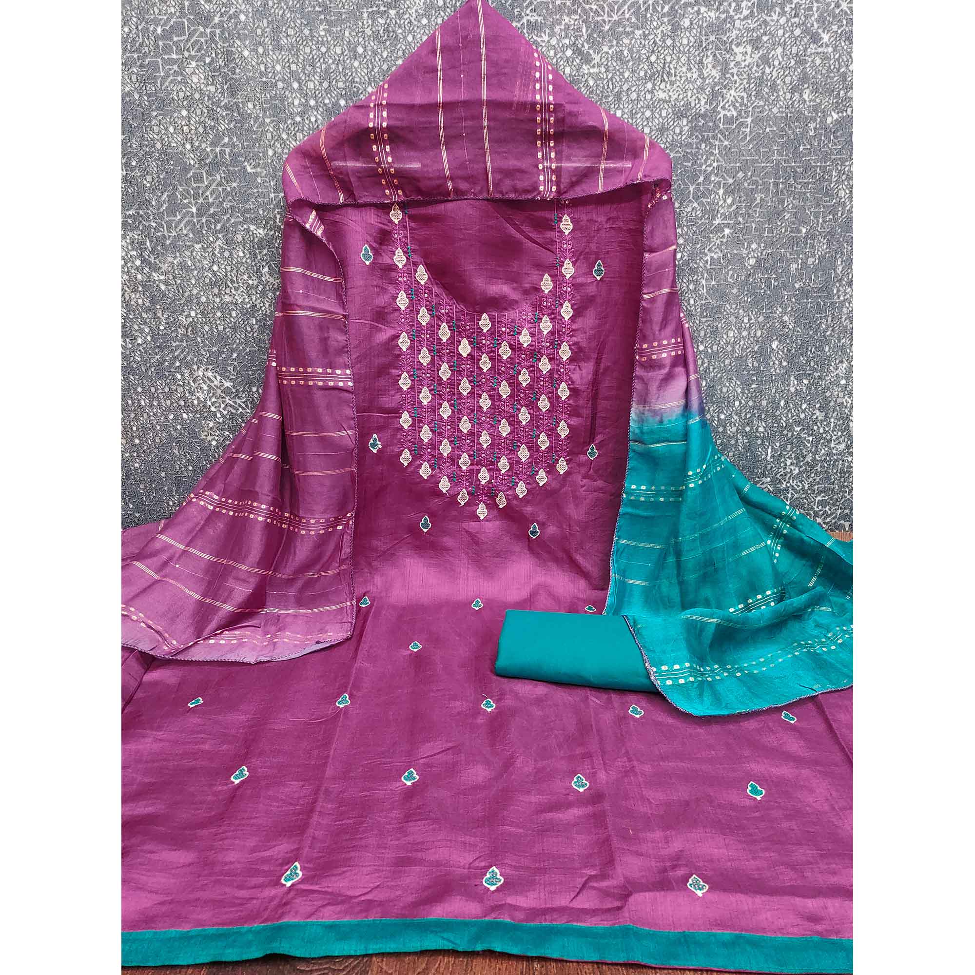 Elegant Dark Magenta Floral Thread & Sequins Embroidered Silk Blend Dress Material