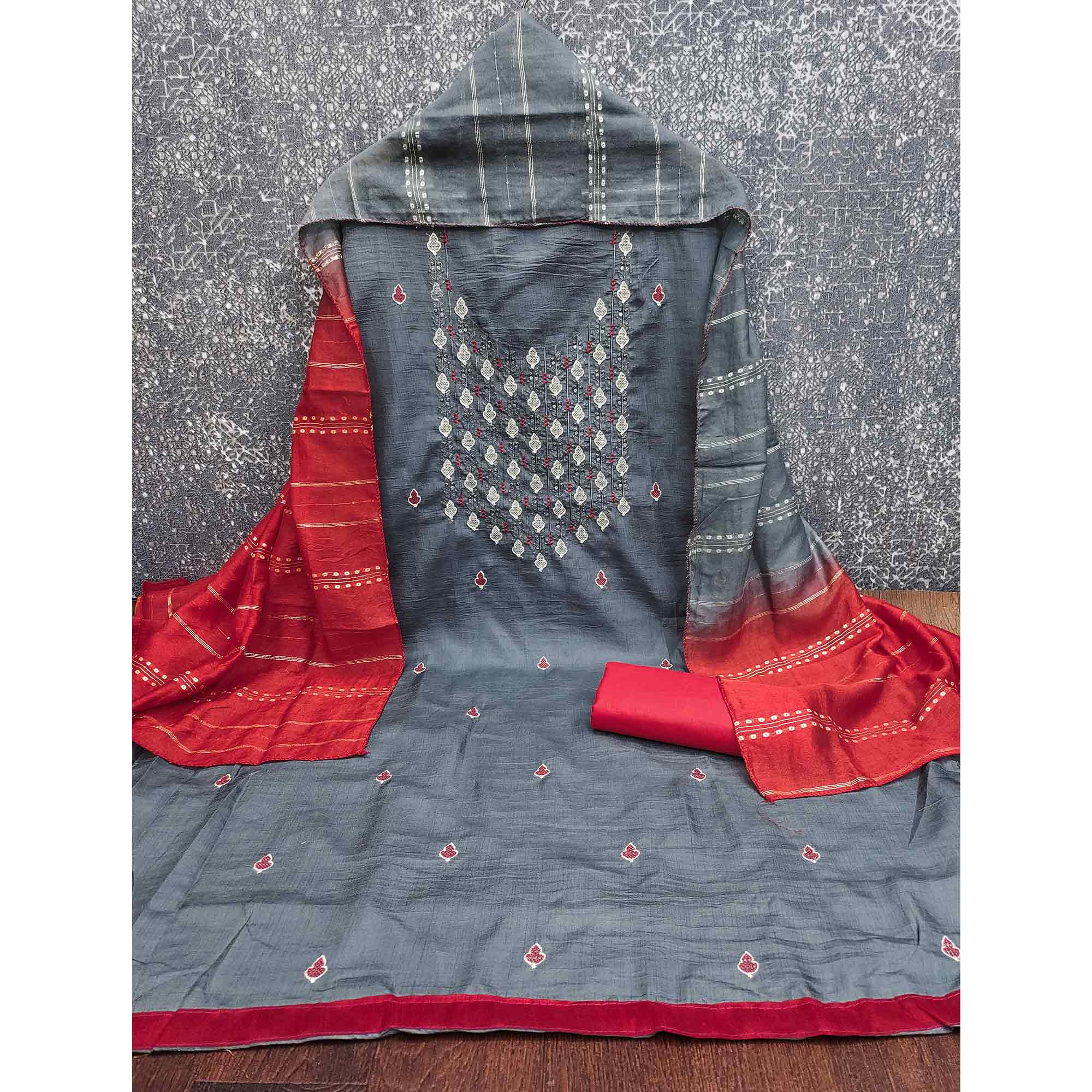 Elegant Grey Floral Thread & Sequins Embroidered Silk Blend Dress Material