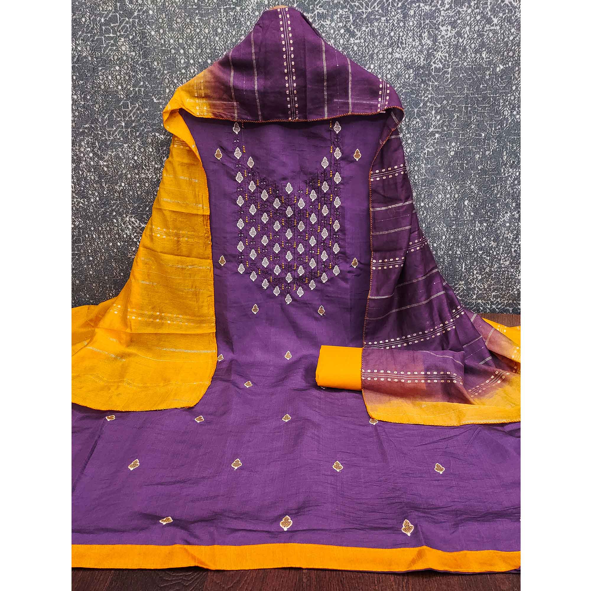 Elegant Purple Floral Thread & Sequins Embroidered Silk Blend Dress Material