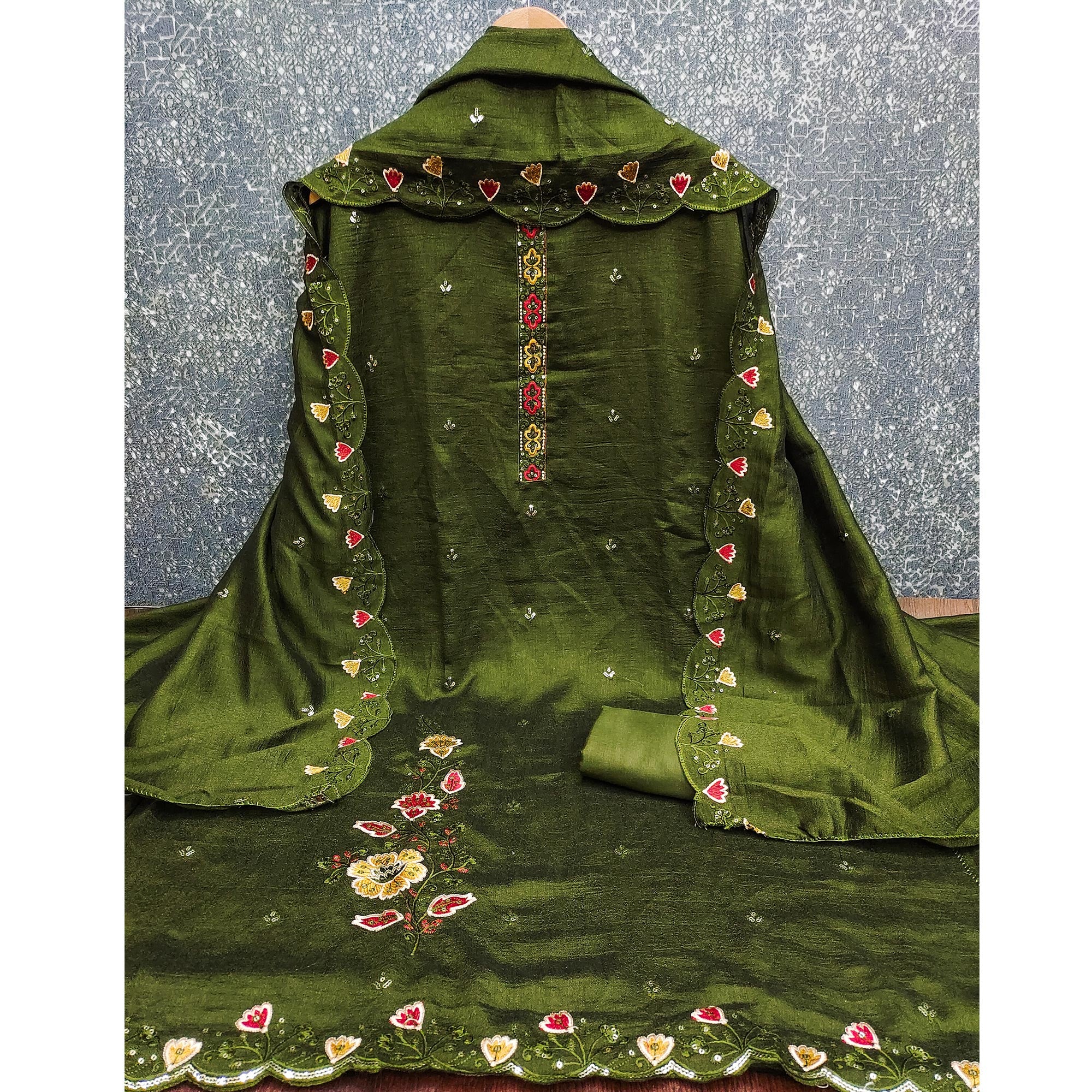 Graceful Green Vichitra Silk Dress Material Adorned With Floral Thread Embroidery & Sequins Work