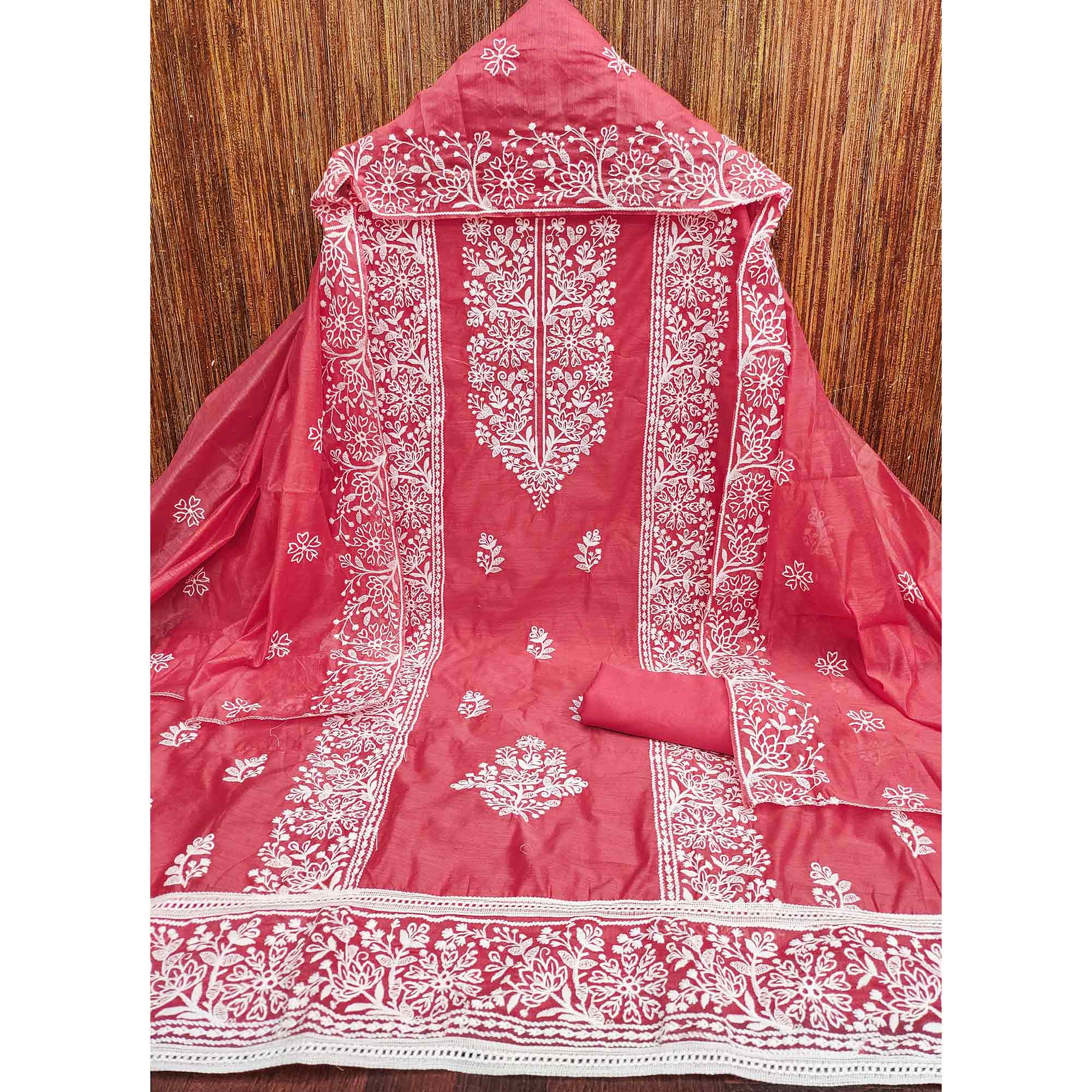 Gajri Pink Cotton Blend Unstitched Suit Material with Soft Floral Embroidery Work