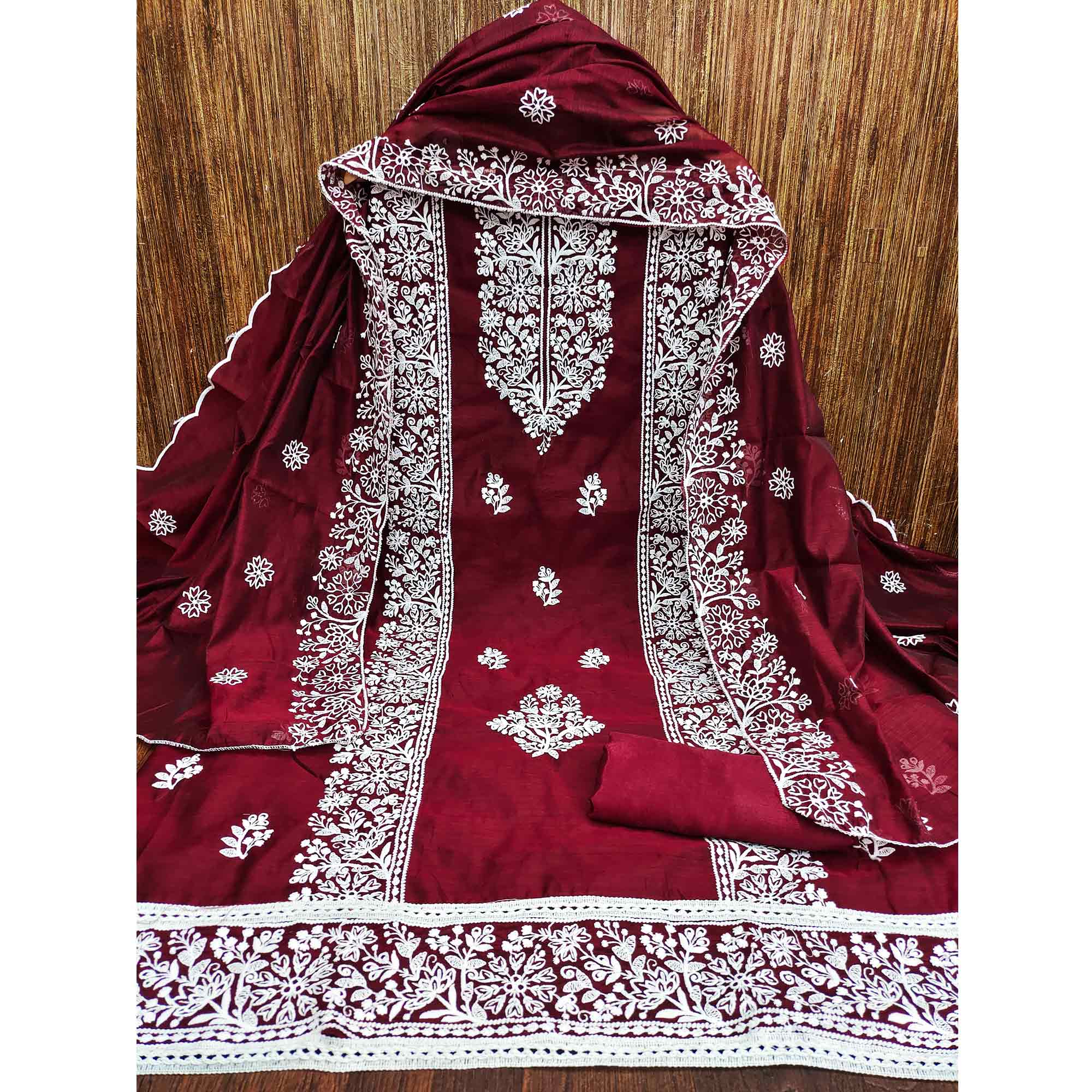 Maroon Cotton Blend Unstitched Suit Material with Soft Floral Embroidery Work