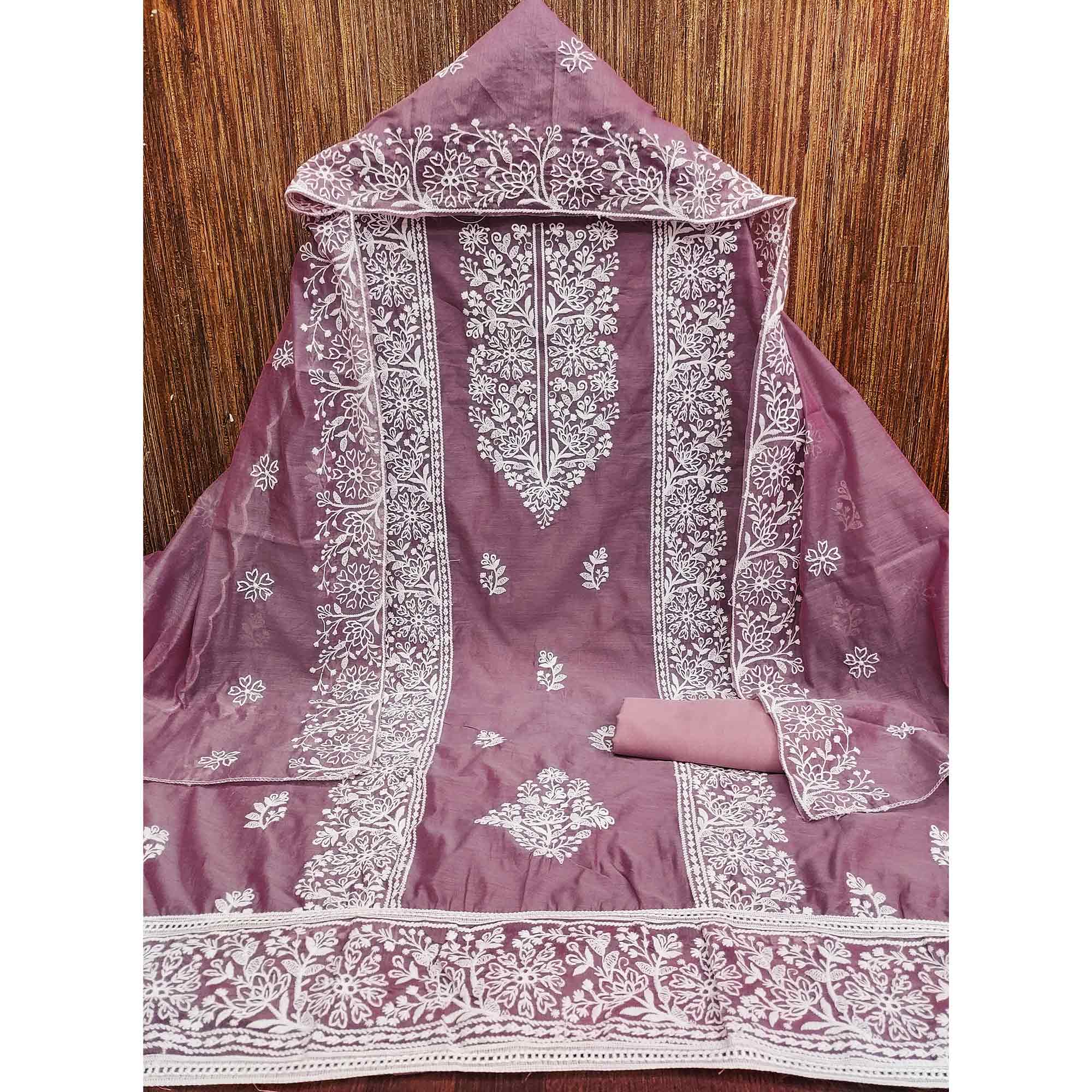 Mauve Cotton Blend Unstitched Suit Material with Soft Floral Embroidery Work