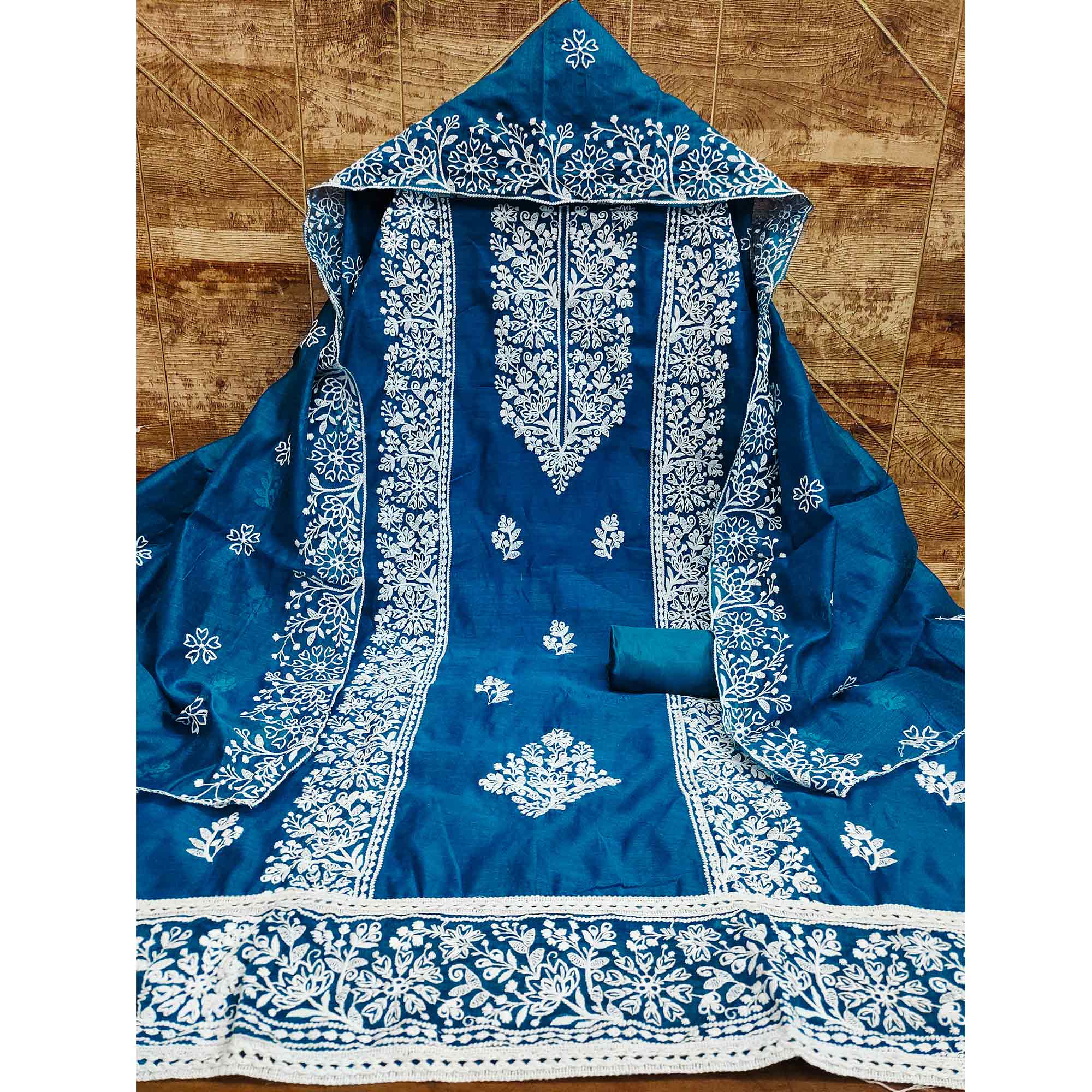 Teal Cotton Blend Unstitched Suit Material with Soft Floral Embroidery Work