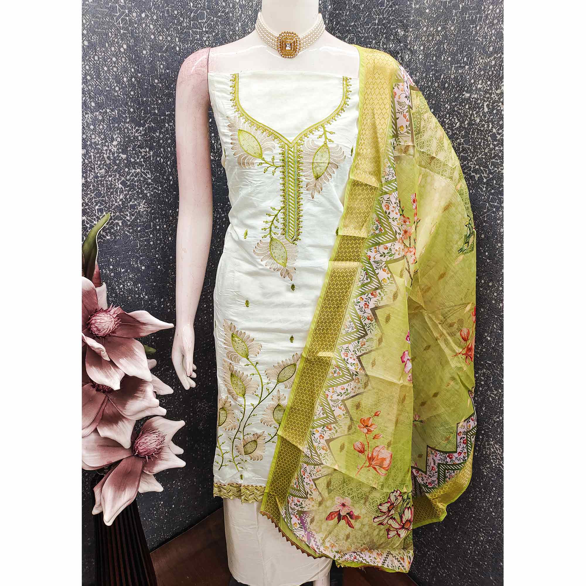 Elegant Cream & Green Floral Embroidered Roman Cotton Silk Dress Material With Subtle Sequins Work