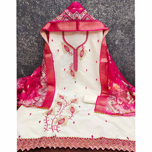 Elegant Cream & Pink Floral Embroidered Roman Cotton Silk Dress Material With Subtle Sequins Work