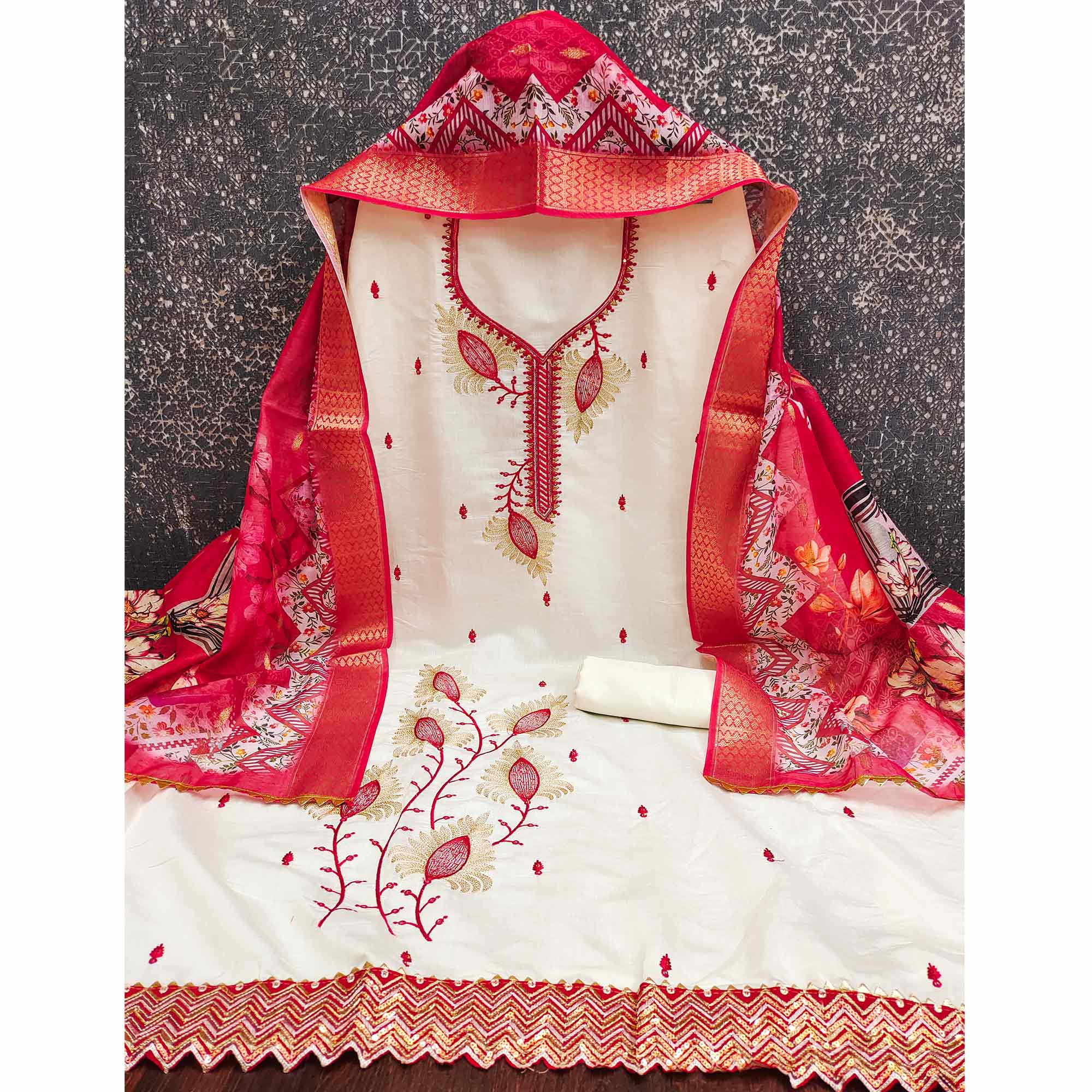 Elegant Cream & Red Floral Embroidered Roman Cotton Silk Dress Material With Subtle Sequins Work