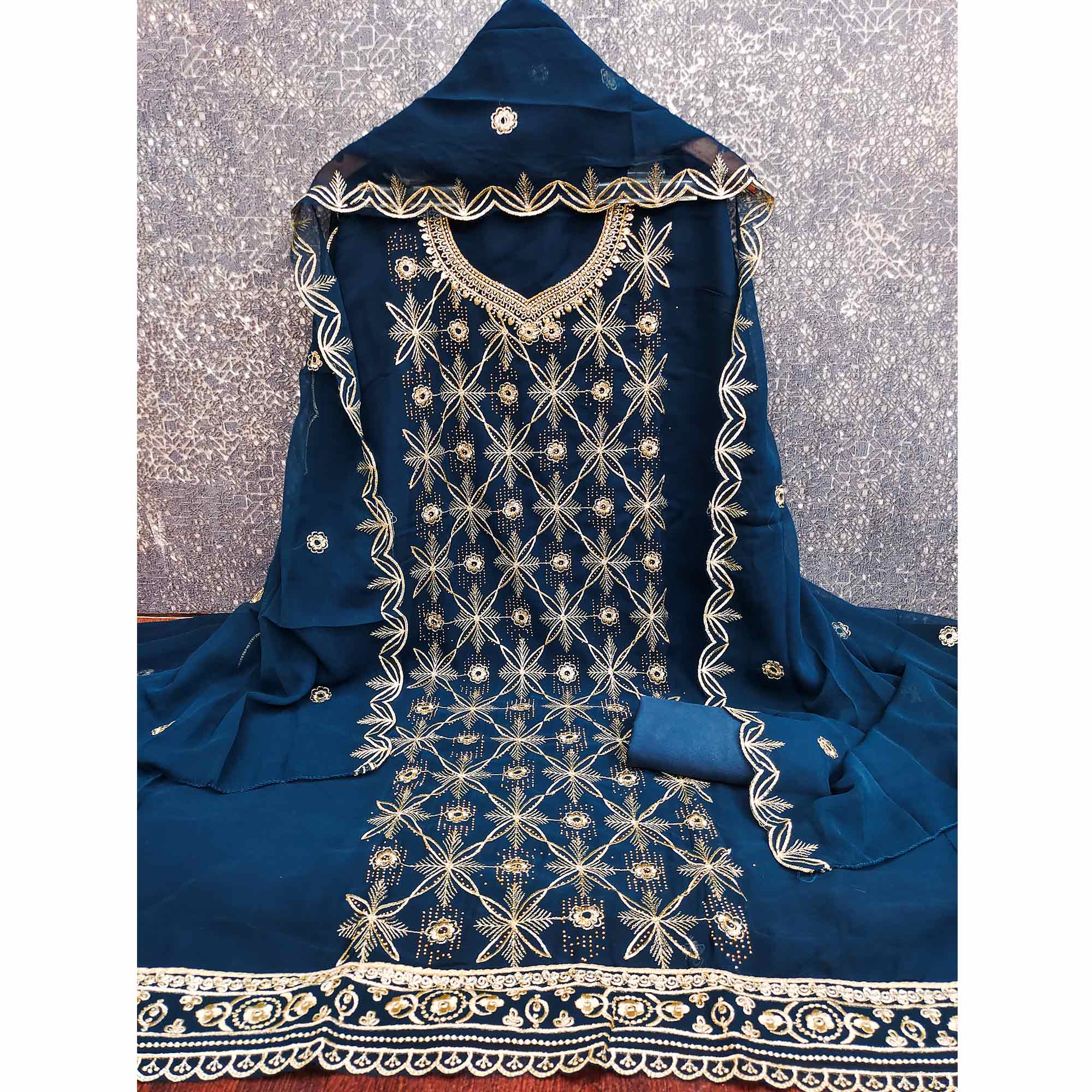 Premium Blue Floral Embroidered Georgette Dress Material Accentuated With Swarovski Detailing