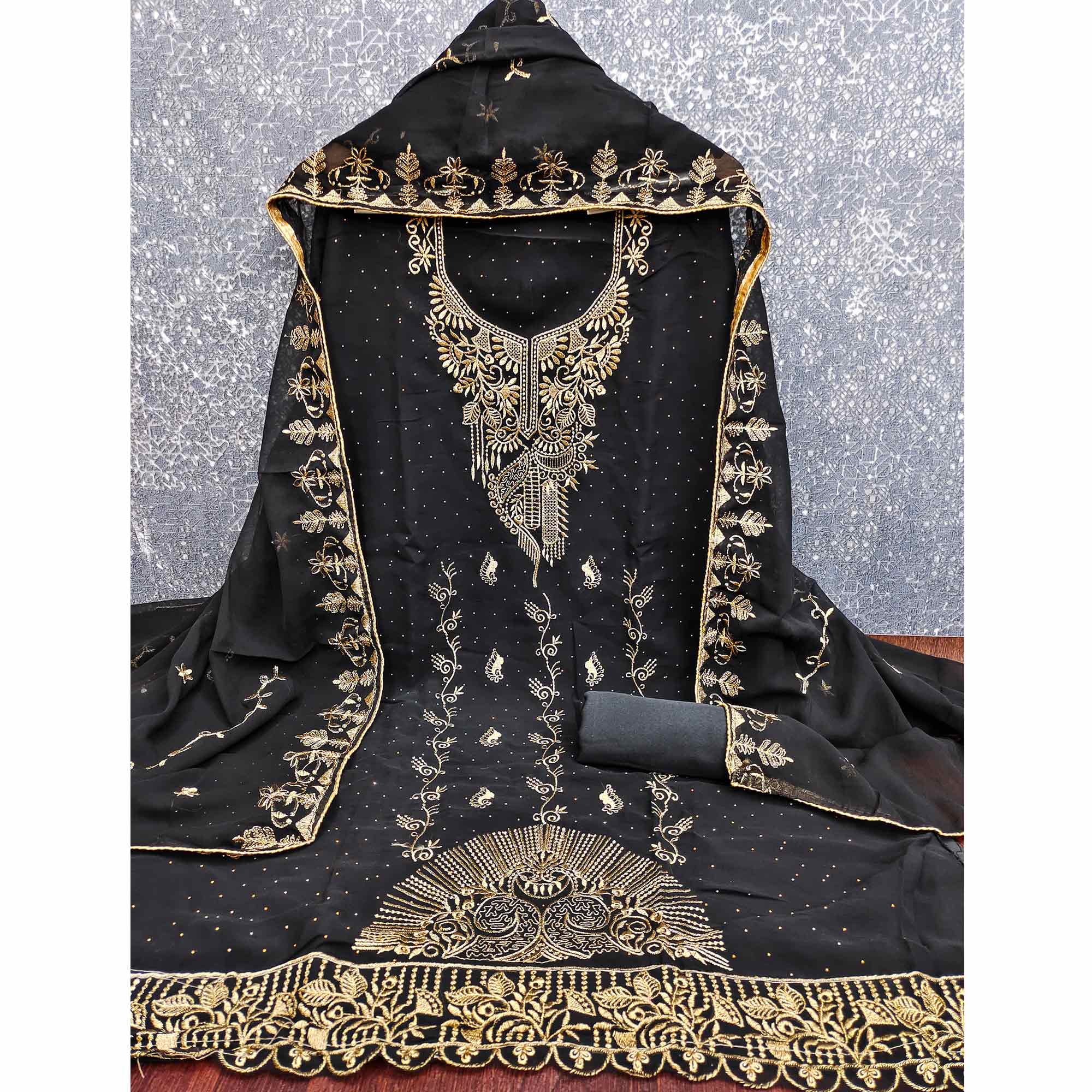 Ethnic Black Floral Embroidered Georgette Dress Material With Shimmering Swarovski Accents