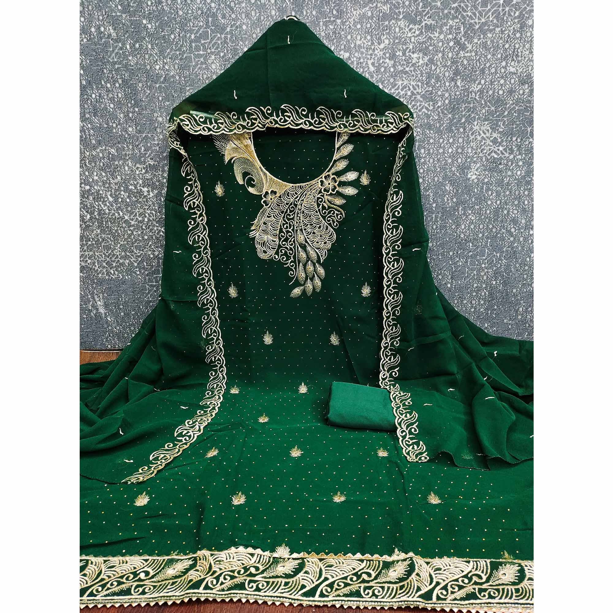 Sophisticated Green Floral Embroidered Georgette Dress Material Enhanced With Fine Swarovski Work