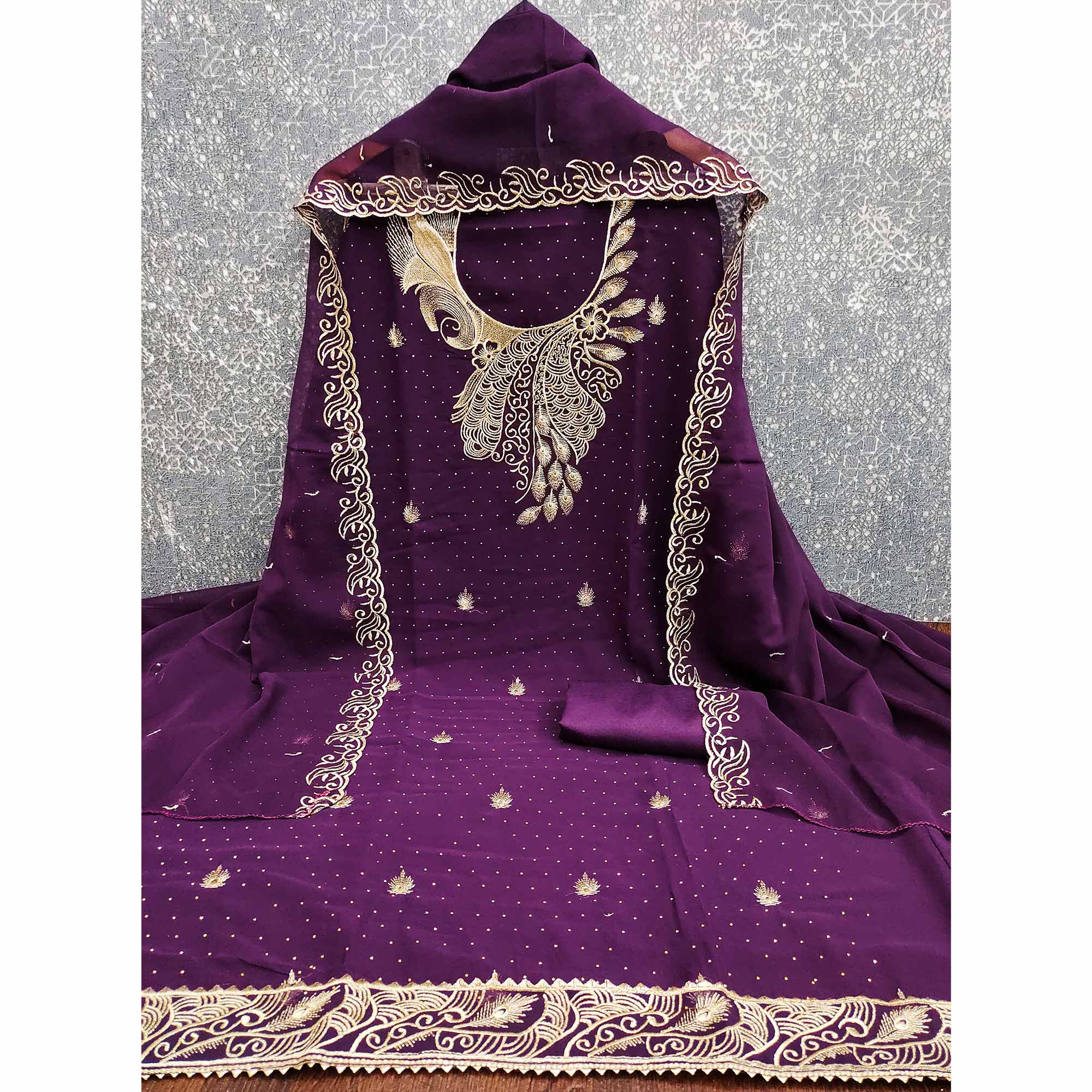 Sophisticated Purple Floral Embroidered Georgette Dress Material Enhanced With Fine Swarovski Work