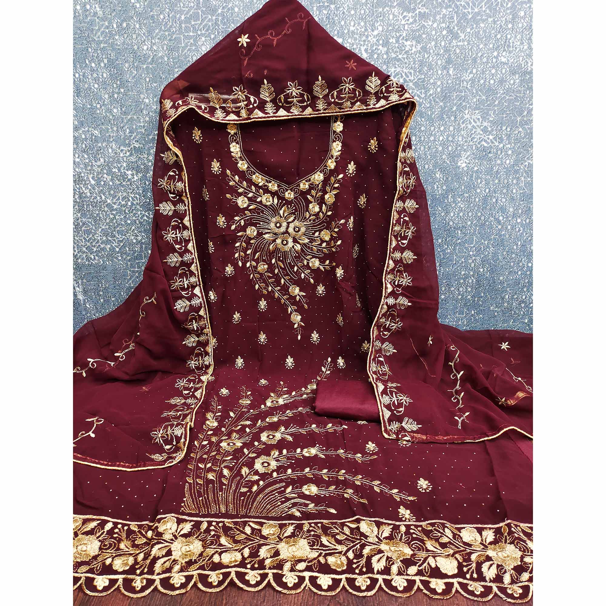 Classic Maroon Floral Embroidery Georgette Dress Material With Subtle Swarovski Embellishments