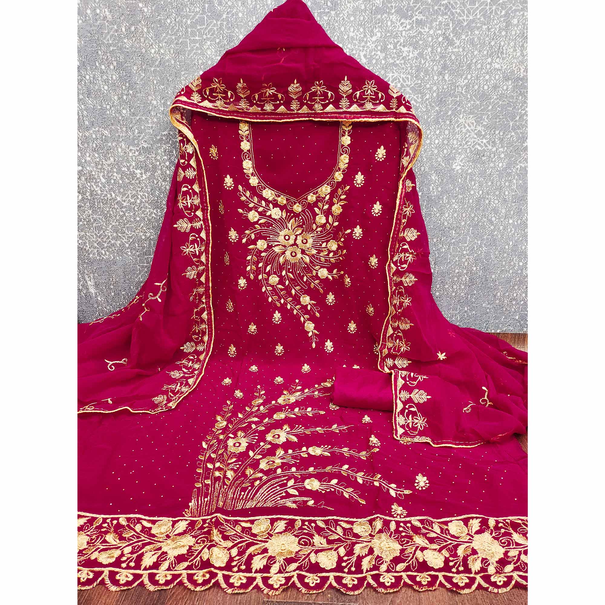 Classic Pink Floral Embroidery Georgette Dress Material With Subtle Swarovski Embellishments