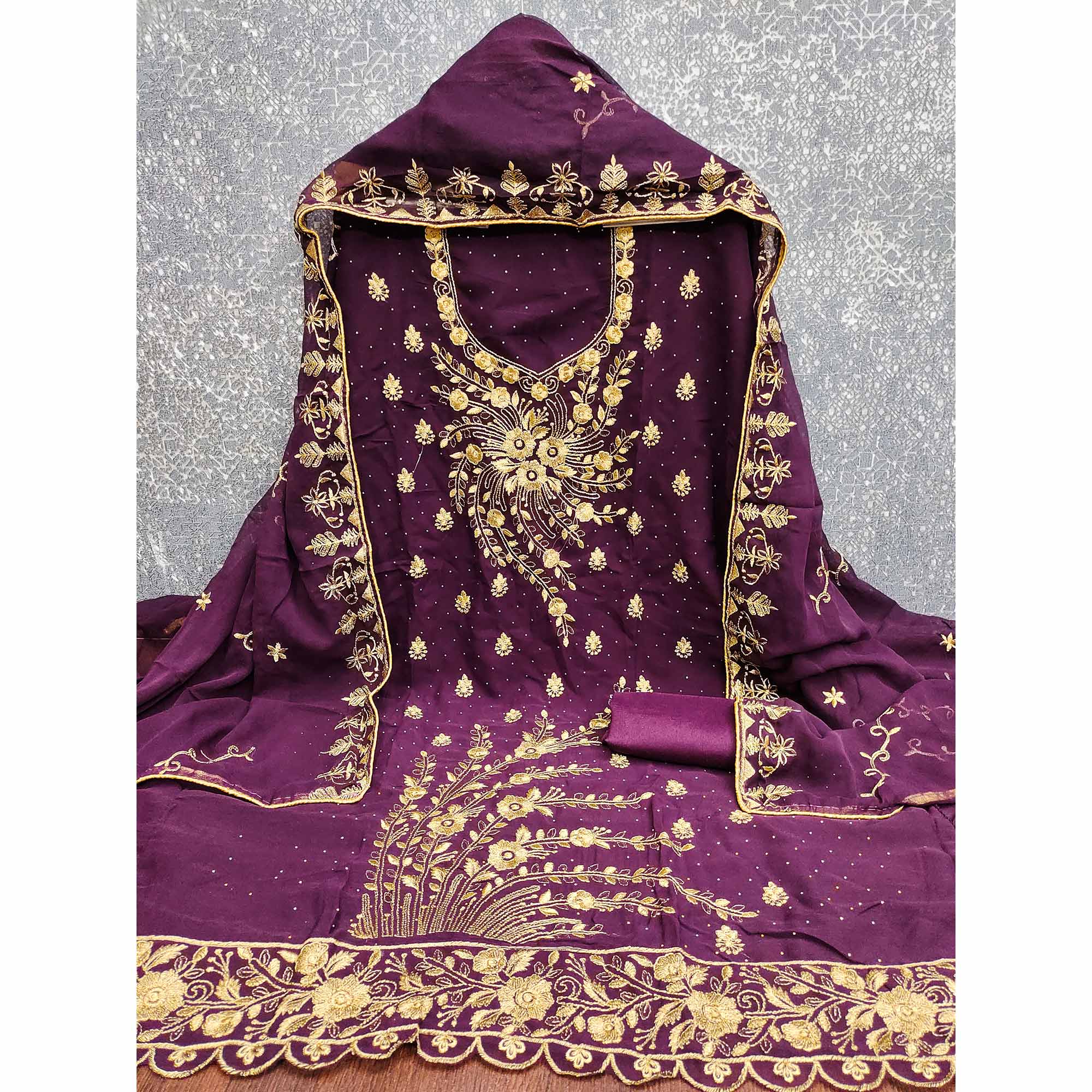 Classic Purple Floral Embroidery Georgette Dress Material With Subtle Swarovski Embellishments