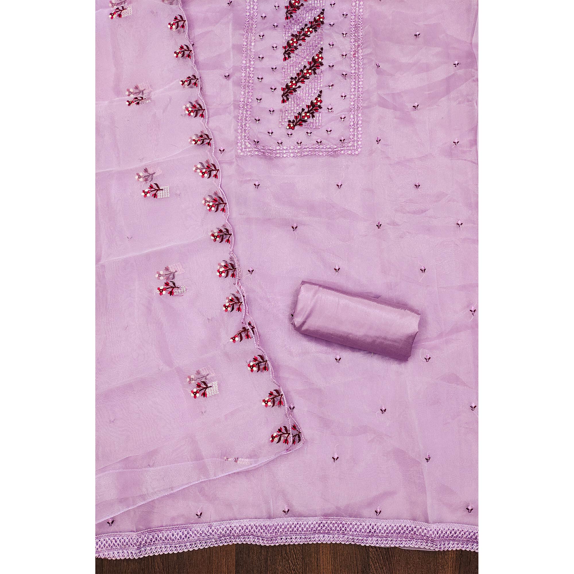 Light Lavendar Floral Sequins Embroidered Organza Dress Material