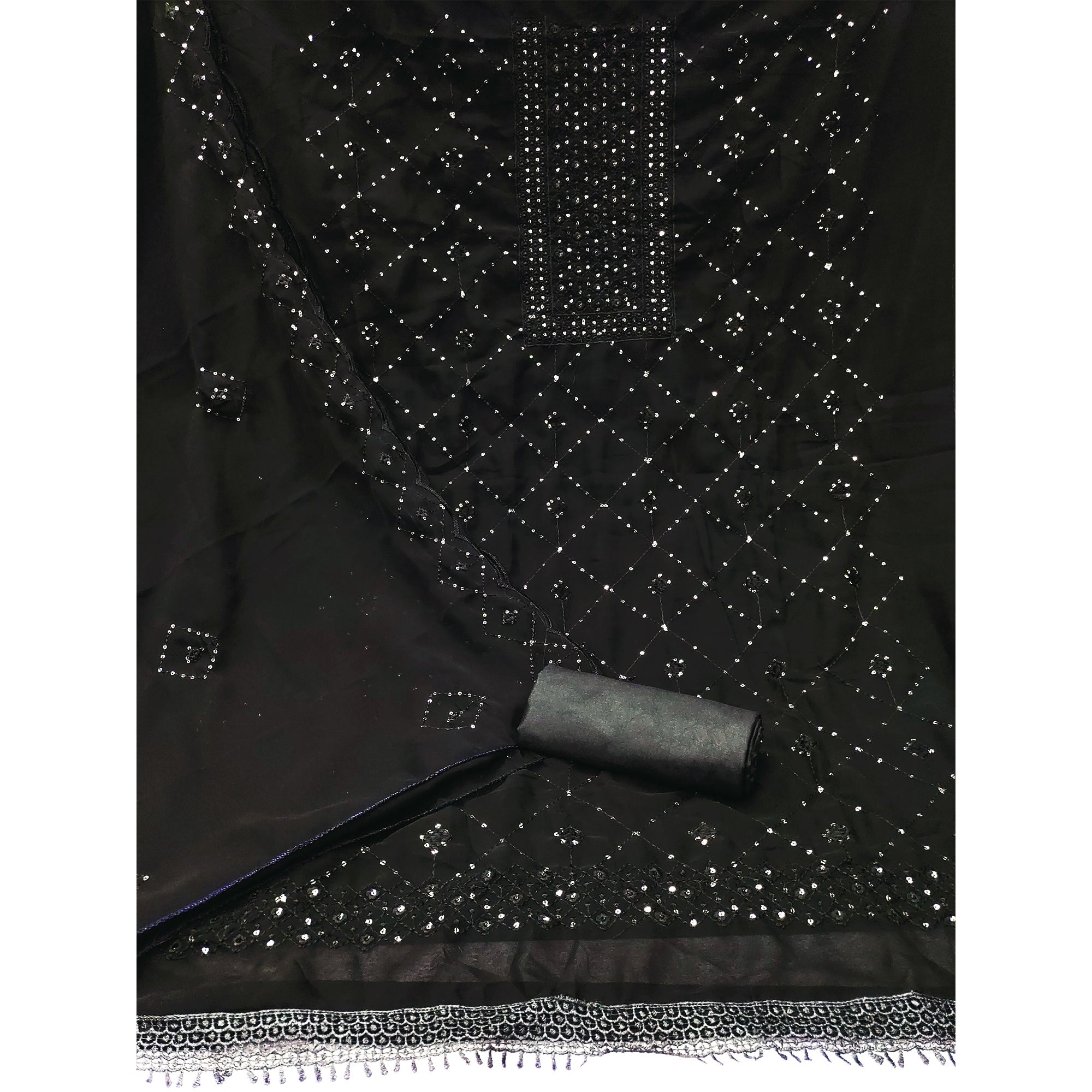 Black Georgette Dress Material Featuring Delicate Thread Embroidery & Sequin Accent