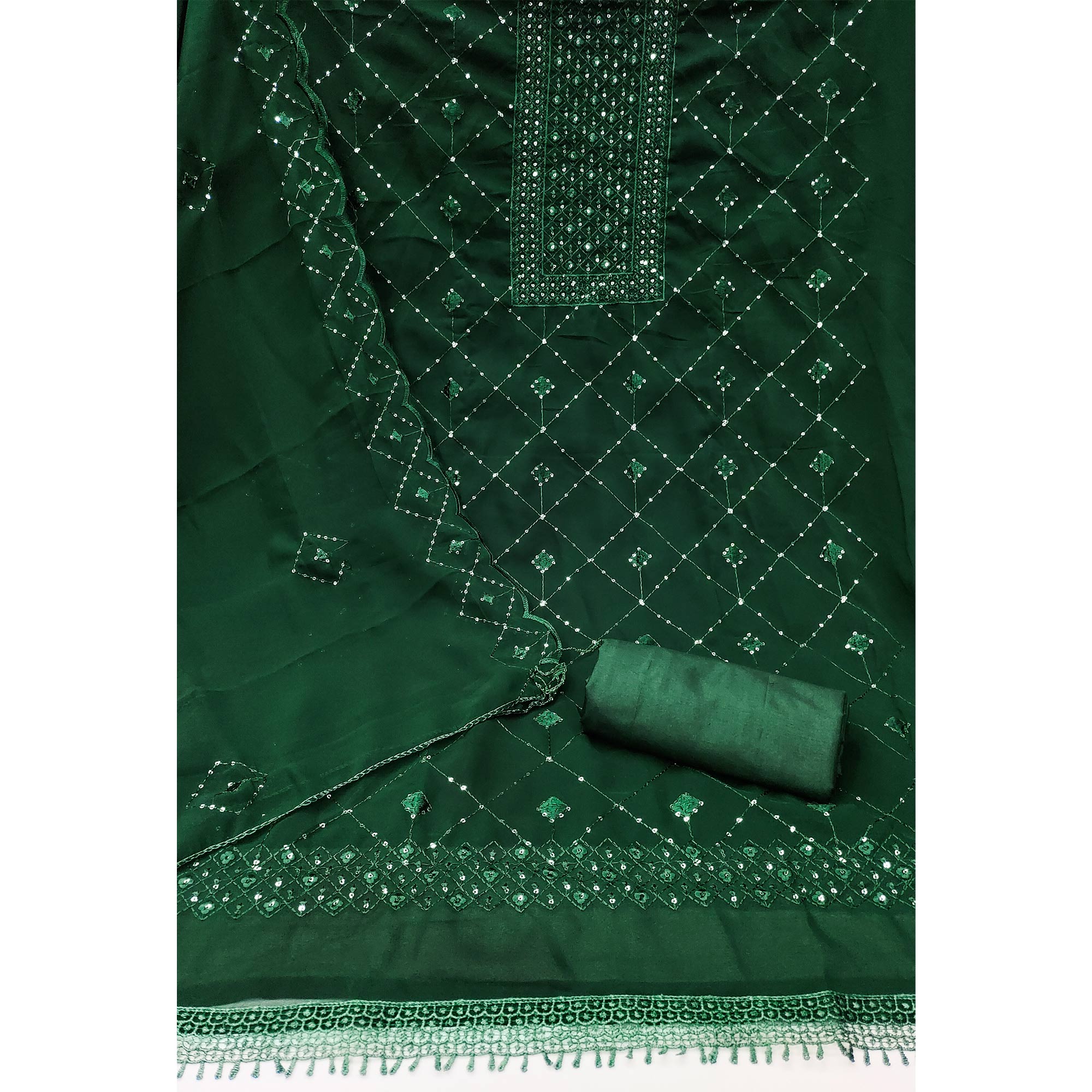 Green Georgette Dress Material Featuring Delicate Thread Embroidery & Sequin Accent